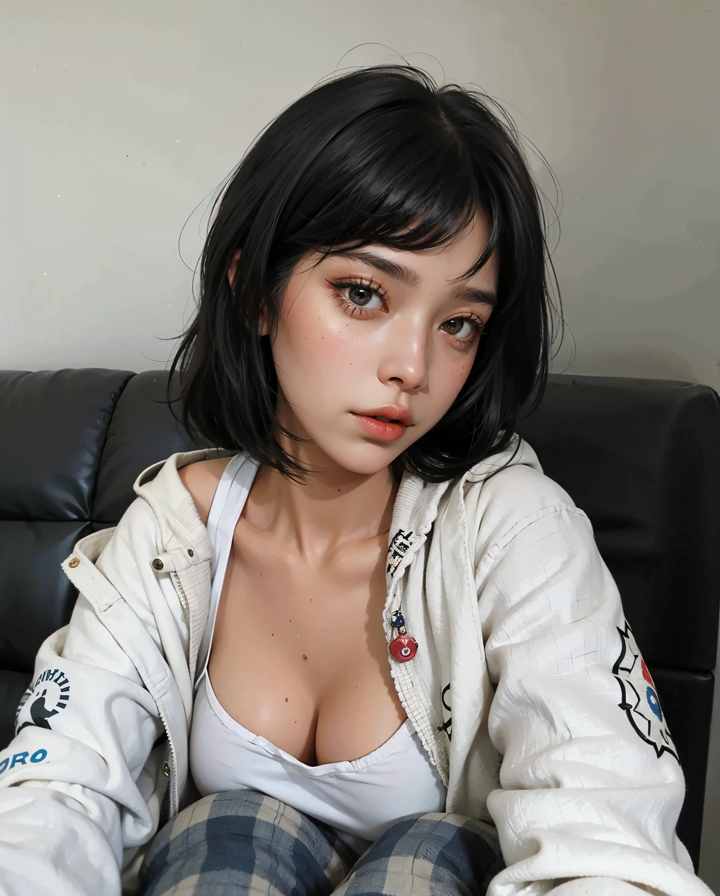 there is a woman sitting on a sofa with a remote control, she has black hair Com franja, Bella Poarca, sem maquiagem, franja brancacabelo preto, Retrato de Sophie Mudd, Yelena Belova, cabelo preto e franja branca, Victoria Gavrilenko, Anastasia Ovchinnikova, 🤤 retrato de , Com franja, angelina stroganova