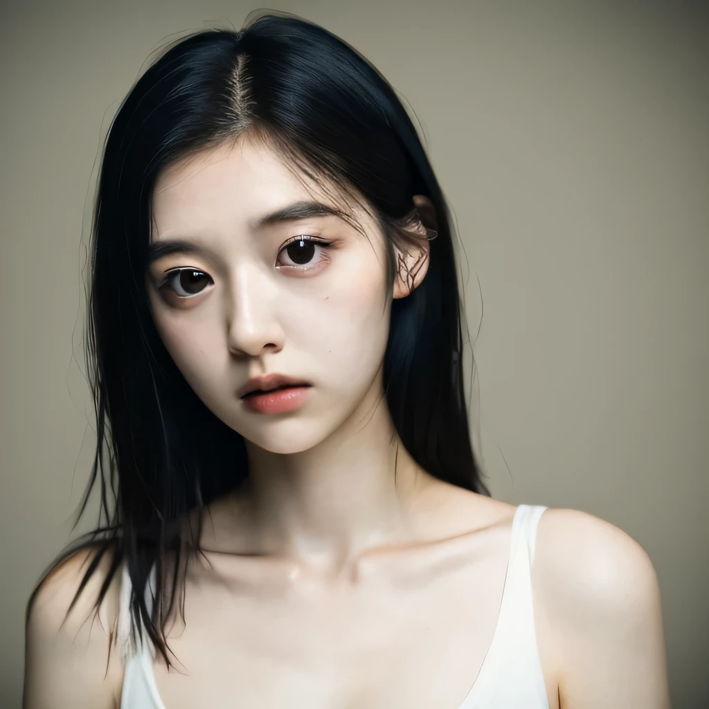 1 Japanese female, one-shot, Big eyes, big black eyes, double, shortcut, Emphasis on the clavicle, black hair, no makeup, young white skin, broad shoulders, 12 years old