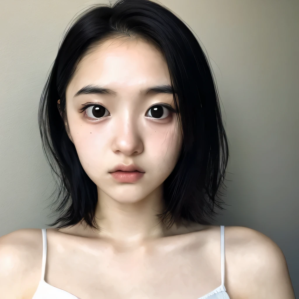 1 Japanese female, one-shot, Big eyes, big black eyes, double, shortcut, Emphasis on the clavicle, black hair, no makeup, young white skin, broad shoulders, 