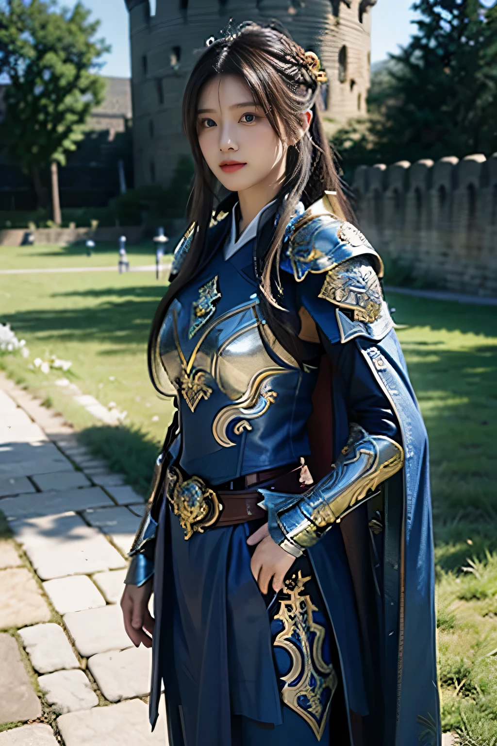 masterpiece,Best quality,A high resolution,8K,Original photo,real photo,Ancient city wall battlefield background,((field:1.8)),digital photography,(Female generals on the battlefield in the Han Dynasty),(((Standing at the crenellations of the city wall))),18-year-old girl,(long ponytail hairstyle),cparted lips,Full and erect breasts,Noble and charming,Elegant and serious,(Thick blue fish scale armor),Long blue cape,((Bundle hair)),The combination of white metal and red leather,Chest covered with gold armor,metallic luster,Leather buckle,Exquisite pattern,mysterious badge,Cool and gorgeouig breasts)),Chest groove,Three Kingdoms character painting style,Photo pose,oc render reflection texture,bright shades,stand in the sun,The sun shines on the face,charming smile,Head-up shot,