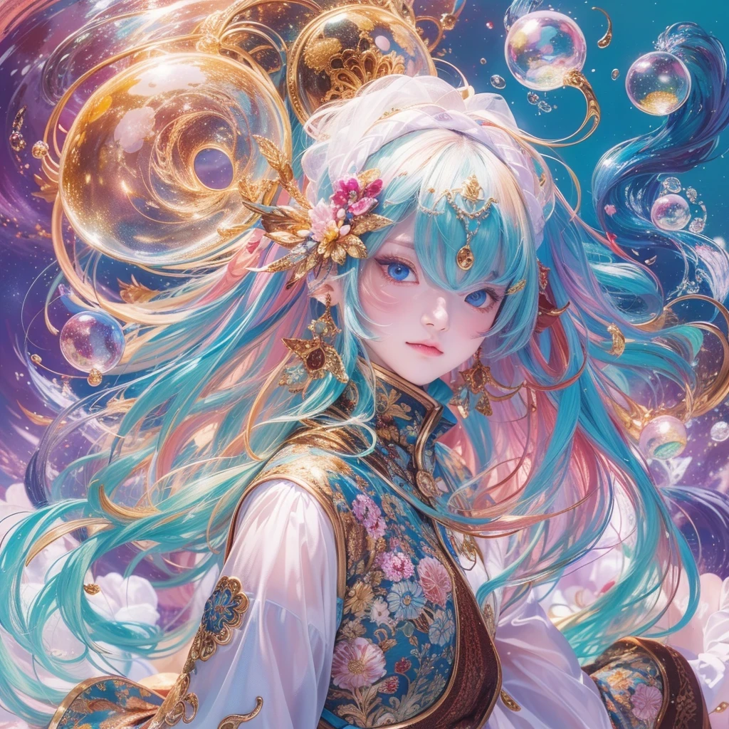 鹅黄 blue colors，enamel，agate，A flesh-colored world，Blood Blue Maiden 32k（masterpiece，HD，Aoyama Pond，Ultra high quality，32k）long flowing bright blue hair，blood pool，Ziddink， a color，Grumpy （After greeting）， （Linen scarf）， fighting stance， looking at the ground， long 鹅黄 hair， Floating bright blue， Fire cloud gold headdress， Chinese long-sleeved gold silk burgundy garment， （Abstract metaverse splash：1.2）， White background，Peony flower vitality protector（realistically：1.4），bright purple hair，Smoke on the road，The background is very pure， high resolution， detail， RAW photos， Sharp Re， Nikon D850 film photo by Jefferies Lee 4 Kodak Portra 400 camera F1.6 guns, colorful, Ultra-realistic and vivid textures, dramatic lighting, Unreal Engine Art Station Trend, Sinest 800，一个有着long flowing bright blue hair的女孩，Huge colorful bubbles鹅黄