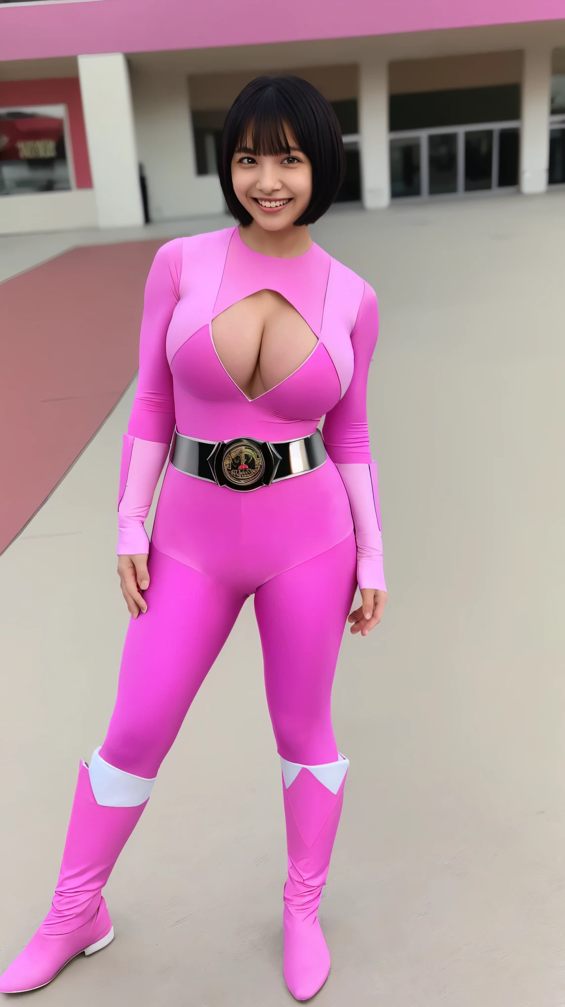 (8K、ultra high resolution、highest quality、masterpiece、realistic、ultra high resolution)、((((、Always shiny neon pink full body power ranger、Must have big breasts、Always hide all breasts))、Definitely a shiny neon pink patent leather full body suit、(big emblem on the chest、Always wear a belt with a big buckle)、Full Body Model Pose at the shopping mall:1.4))(Very shiny full body tight suit、Must have short black hair cut、Definitely Sentai Hero、cute smile:1.1)