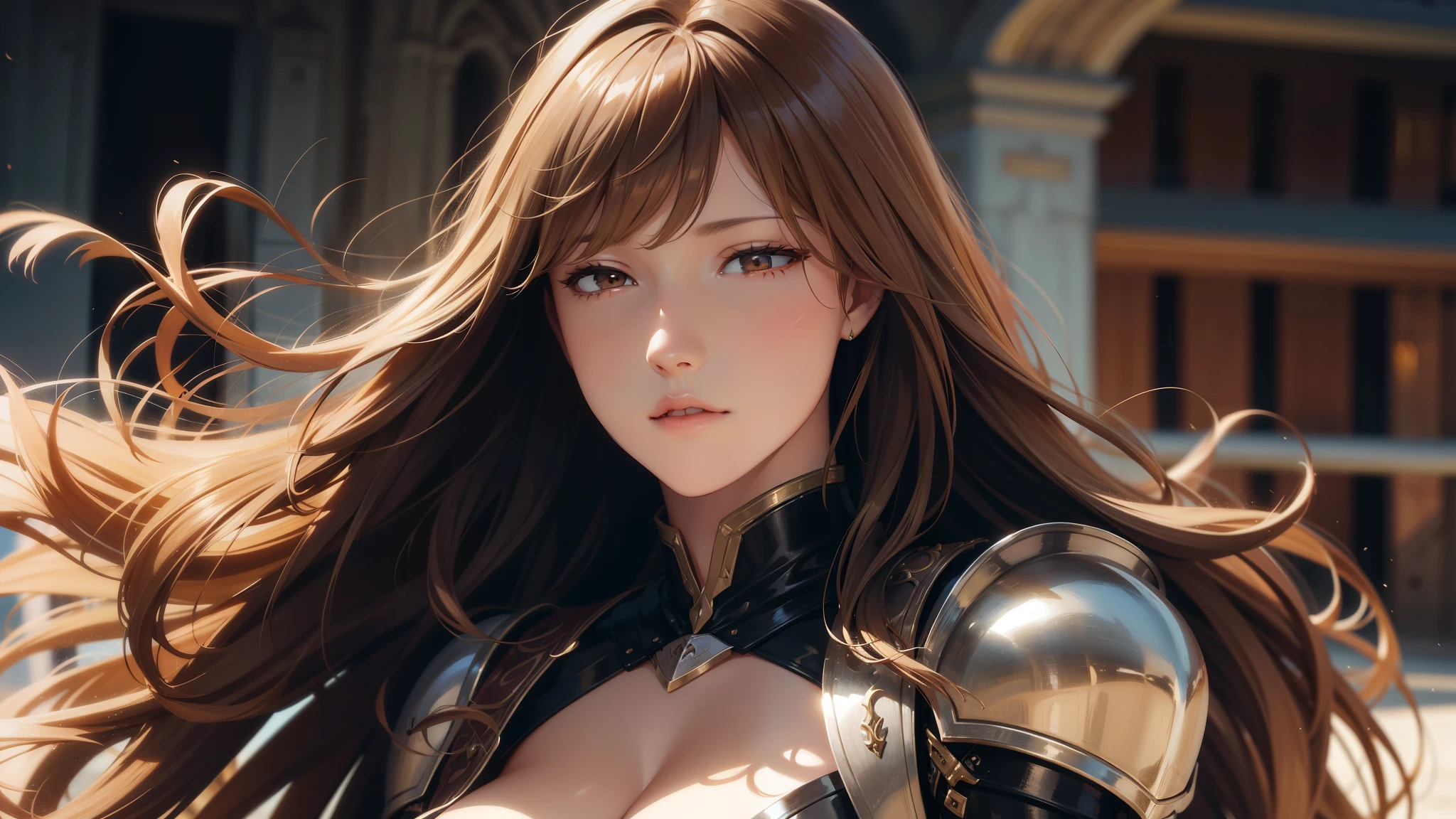 wallpaper of elegant knight woman, wavy long hair, [[brown]] blonde hair, bangs hair, windy hair, leather armor, cleavage, high detailed brown eyes