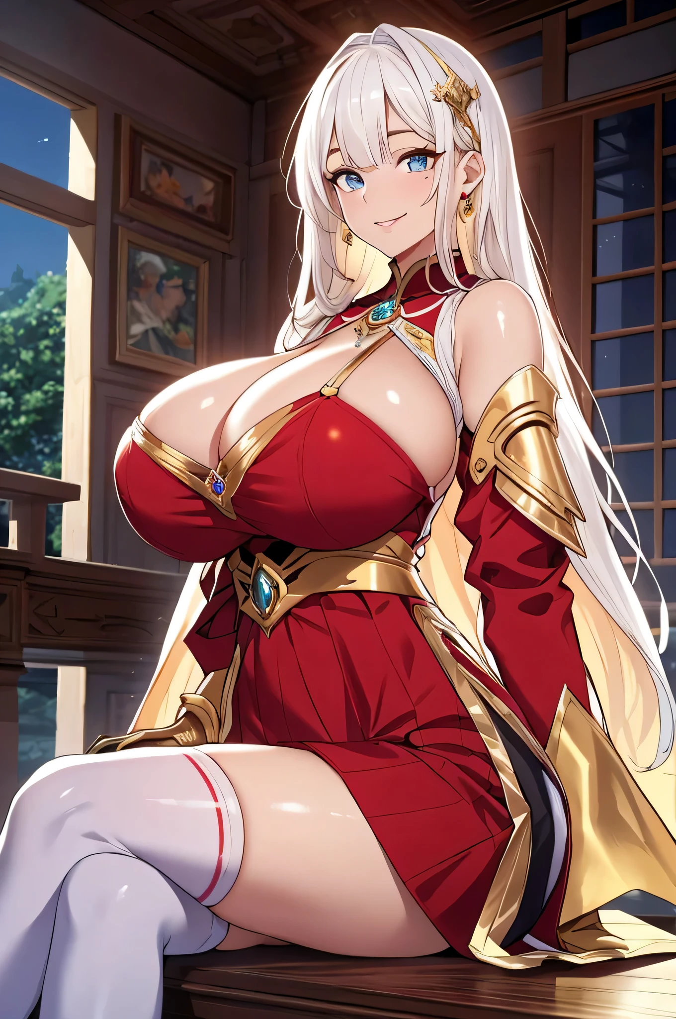 Lian, long white hair, hair stick, bangs, blue eyes, solo, smiling, standing, upper body, hips, bare shoulders,purple thighhighs, red dress, gold jewelry,armor,gloves,circlet, cleavage, red and gold royal castle, gigantic breasts, (best quality, masterpiece, beautiful and aesthetic:1.2, highest detailed face, perfect face,)  eyes, perfect face,expressive eyes,
looking at viewer, in the center of the image,(Upper_body),(Focus on her face),
official art,extremely detailed CG unity 8k wallpaper, perfect lighting,Colorful, Bright_Front_face_Lighting,shiny skin, 
(masterpiece:1.0),(best_quality:1.0), ultra high res,4K,ultra-detailed
