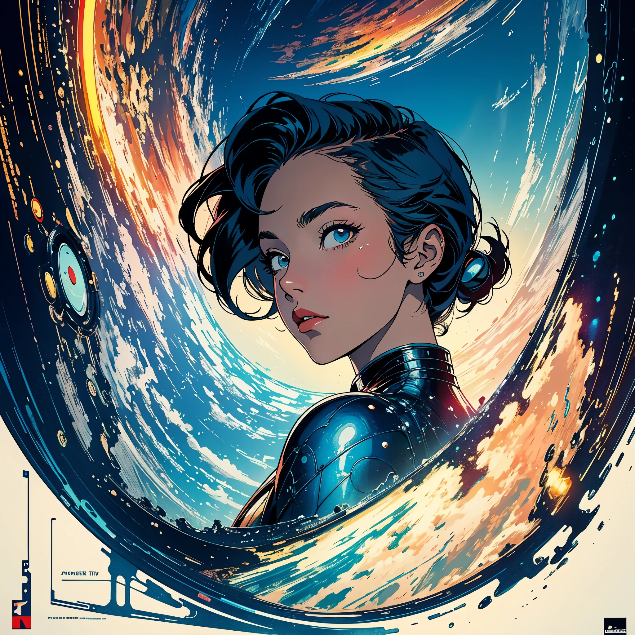 (masterpiece, highest quality), 32k,(A very detailed beautiful woman), poster,science fiction,1960s,1970s,bauhaus, shape, OK, abstract, propaganda,movie poster, vintage,retro,futuristic,anime,ultimate map,Perfect rainbow,highlight,angle from below,amazing hair,