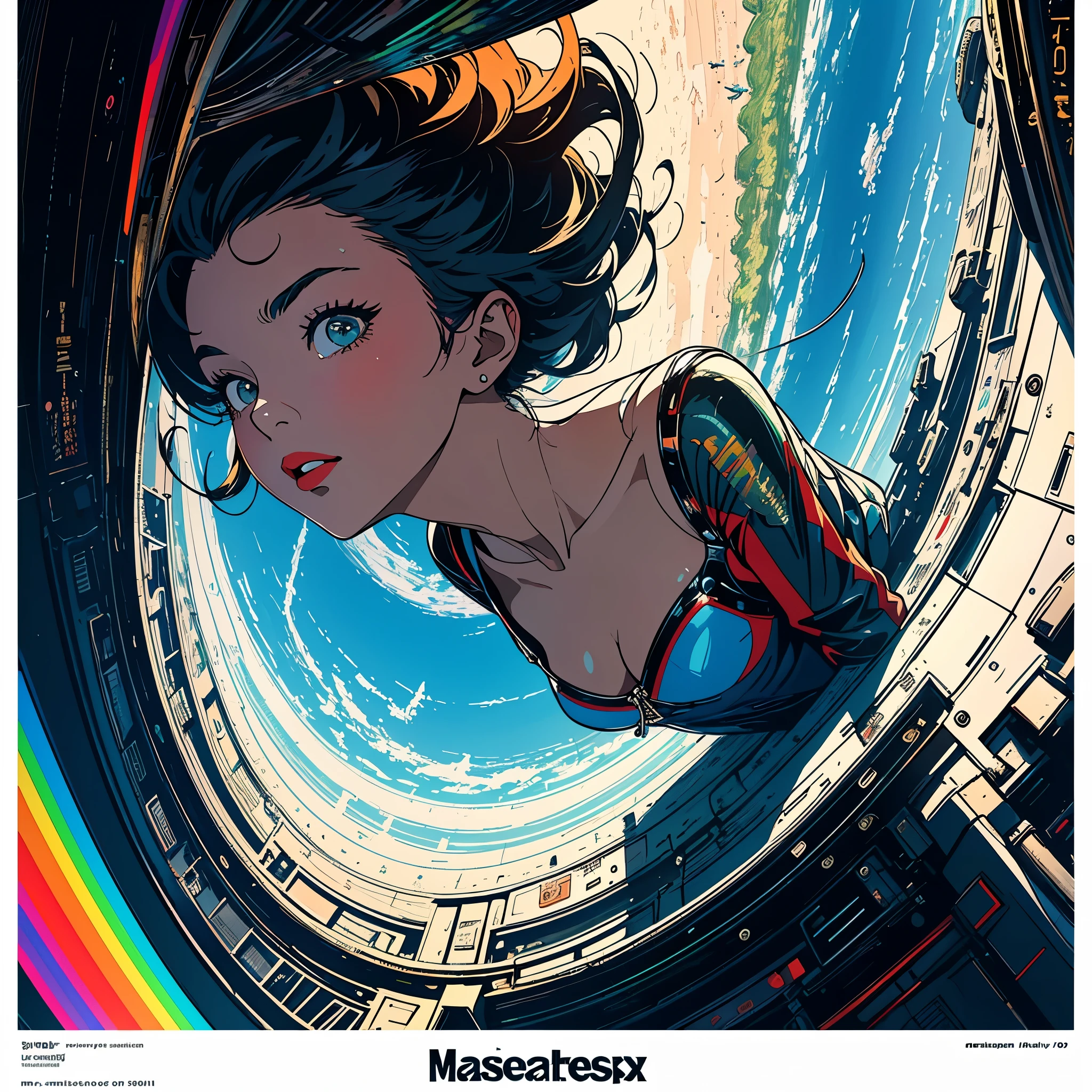 (masterpiece, highest quality), 32k,(A very detailed beautiful woman), poster,science fiction,1960s,1970s,bauhaus, shape, OK, abstract, propaganda,movie poster, vintage,retro,futuristic,anime,ultimate map,Perfect rainbow,highlight,angle from below,amazing hair,