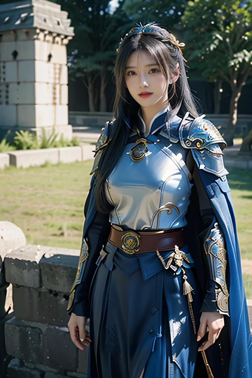 masterpiece,Best quality,A high resolution,8K,Original photo,real photo,Ancient city wall battlefield background,((field:1.8)),digital photography,(Female generals on the battlefield in the Han Dynasty),(((Standing at the crenellations of the city wall))),18-year-old girl,(long ponytail hairstyle),cparted lips,Full and erect breasts,Noble and charming,Elegant and serious,(Thick blue fish scale armor),Long blue cape,((Bundle hair)),The combination of white metal and red leather,Chest covered with gold armor,metallic luster,Leather buckle,Exquisite pattern,mysterious badge,Cool and gorgeouig breasts)),Chest groove,Three Kingdoms character painting style,Photo pose,oc render reflection texture,bright shades,stand in the sun,No shadows on the face,charming smile,Head-up shot,