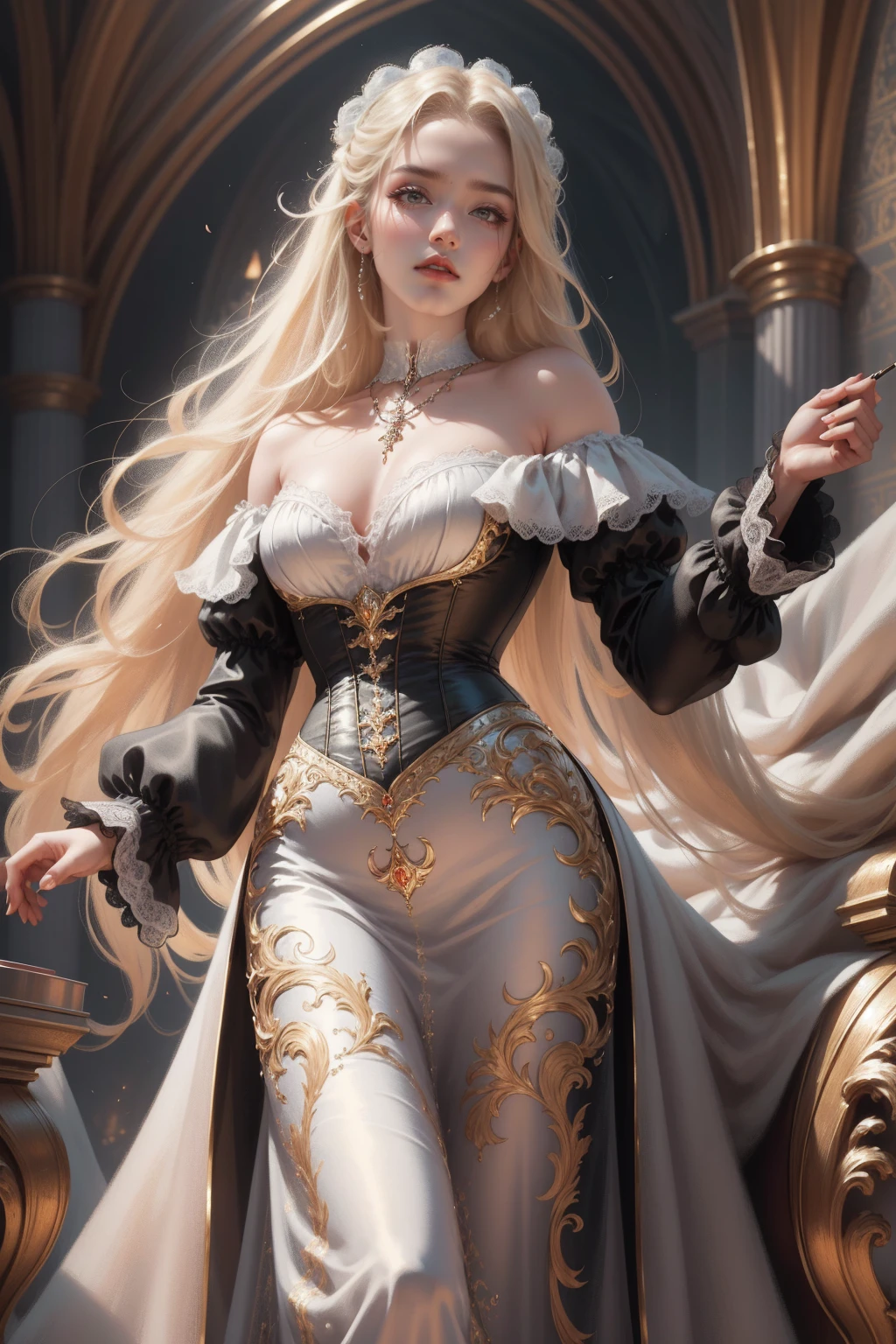 { - anatomy error}(Masterpiece - Ultra-detailed, very high resolution) Prepare to be enchanted by a true masterpiece that combines ultra-detailed art with high-resolution rendering. This work depicts a mesmerizing woman with very long blond hair (1.3) and captivating gray eyes (1.2), emanating an aura of elegance and mystery in Victorian settings. The intricate details and realistic textures invite you to explore every aspect of this enchanting composition. Woman wearing beautiful classic Victorian costume from the year 1878. Red lips. Happy face. Smiling. white dress. Walking, writing, lying down, standing, on your back, dynamic poses. Get ready to dive into a world where beauty and craftsmanship merge perfectly.