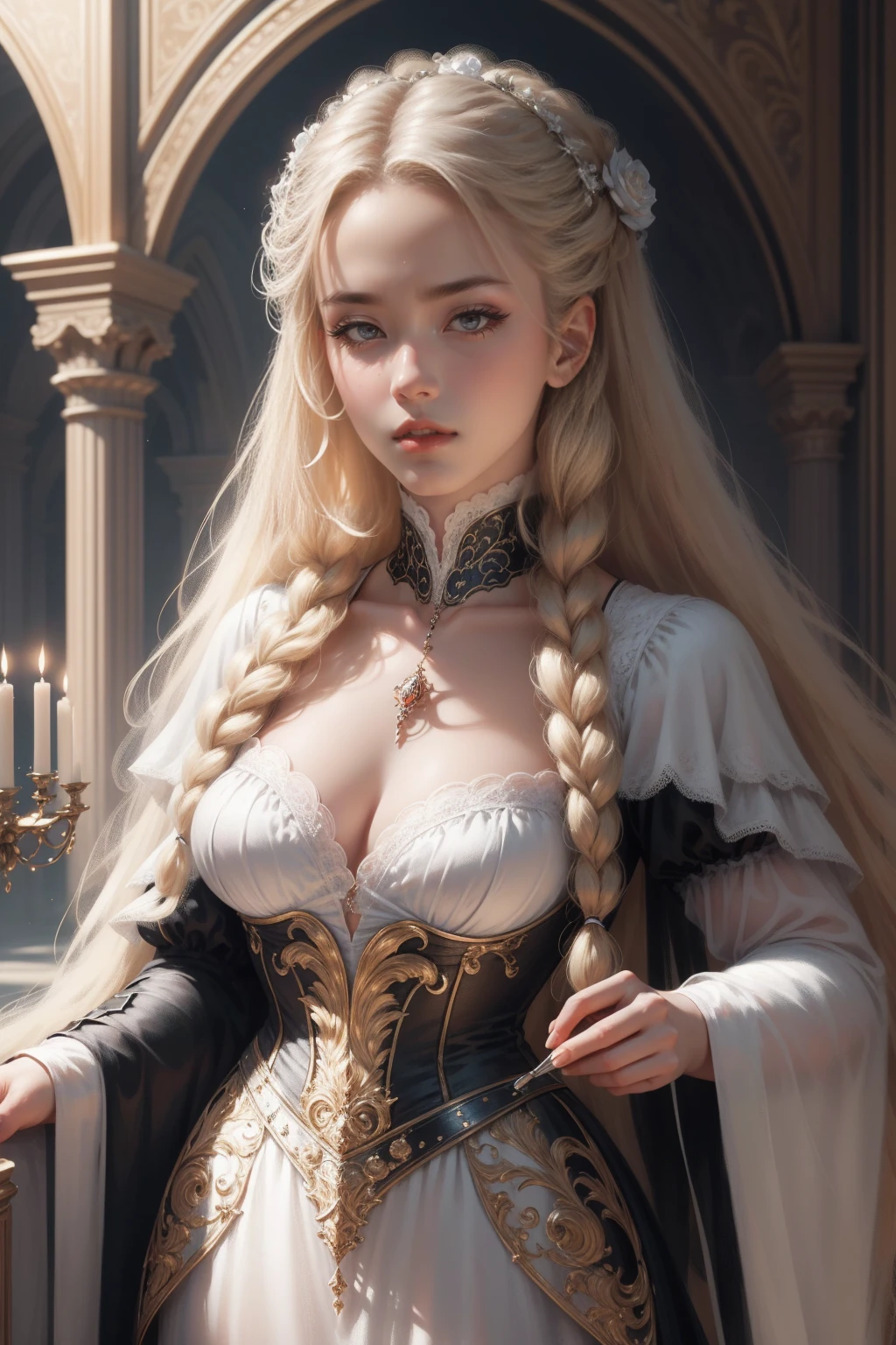 { - anatomy error}(Masterpiece - Ultra-detailed, very high resolution) Prepare to be enchanted by a true masterpiece that combines ultra-detailed art with high-resolution rendering. This work depicts a mesmerizing woman with very long blond hair (1.3) and captivating gray eyes (1.2), emanating an aura of elegance and mystery in Victorian settings. The intricate details and realistic textures invite you to explore every aspect of this enchanting composition. Woman wearing beautiful classic Victorian costume from the year 1878. Red lips. Happy face. Smiling. white dress. Walking, writing, lying down, standing, on your back, dynamic poses. Get ready to dive into a world where beauty and craftsmanship merge perfectly.