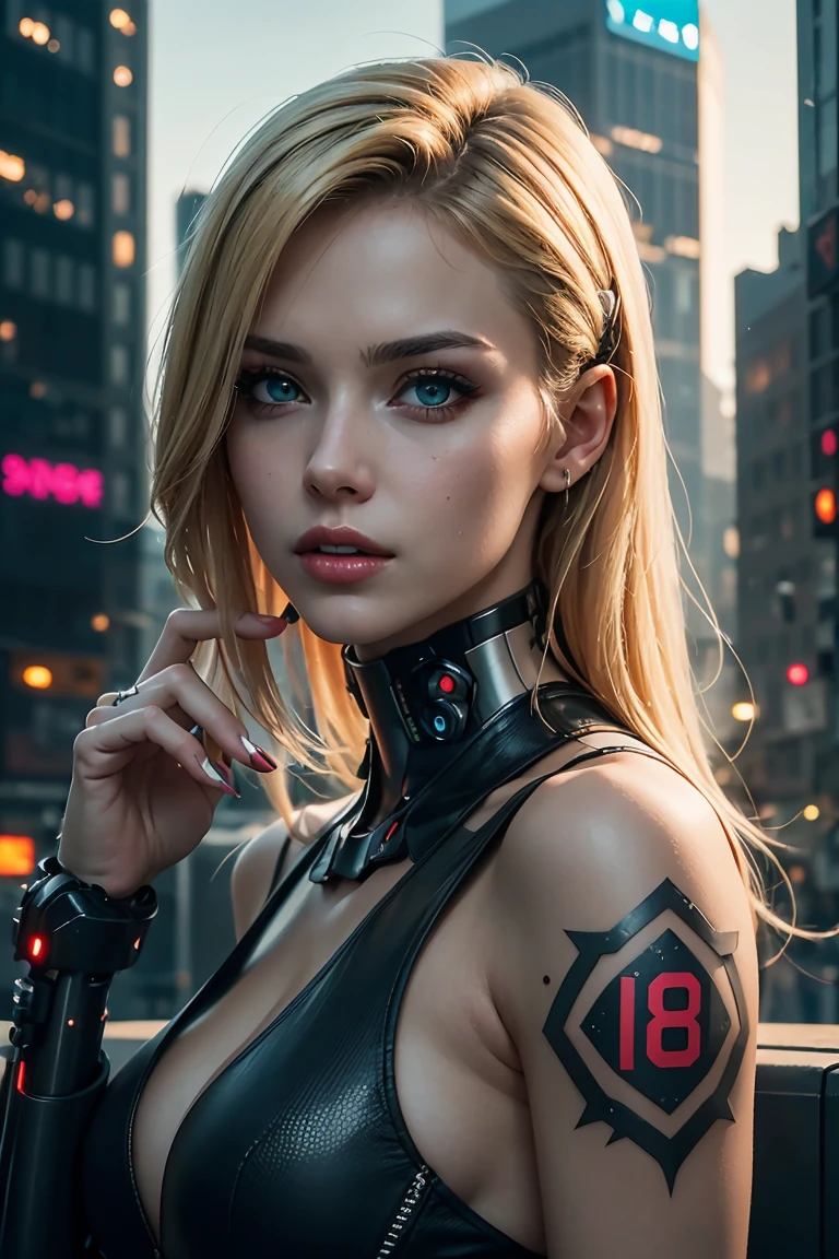 	((Epic  masterpiece)), incredible sexy Cyberpunk ((Photorealistic)) Portrait, set in a futuristic fashion cyberpunk universe. Sexy 18 years old beautiful blonde Cyberpunk girl, provocative pose, many tattoos, unusual Point of View, Emphasize her seductive allure, beautiful face, perfect seductive eyes, perfect nose shape, perfect lips, perfect hands, vibrant green foliage, fire-lit cityscape, and many detailed intricate cybernetic enhancements. Capture the essence of ((danger)) and ((allure)) in this cyberpunk masterpiece, cyberpunk style