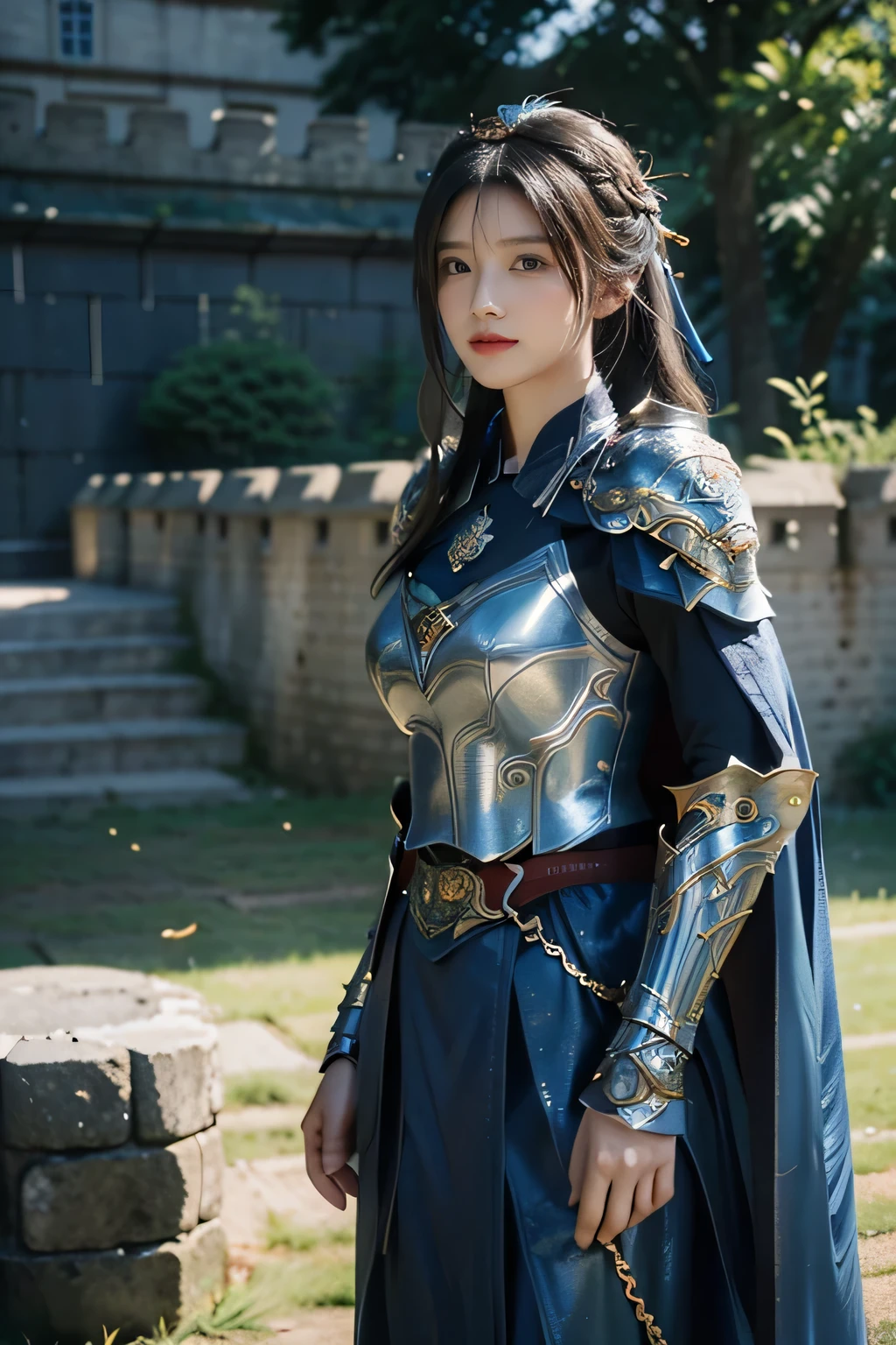 masterpiece,Best quality,A high resolution,8K,Original photo,real photo,Ancient city wall battlefield background,((field:1.8)),digital photography,(Female generals on the battlefield in the Han Dynasty),(((Standing at the crenellations of the city wall))),18-year-old girl,(long ponytail hairstyle),cparted lips,Full and erect breasts,Noble and charming,Elegant and serious,(Thick blue fish scale armor),Long blue cape,((Bundle hair)),The combination of white metal and red leather,Chest covered with gold armor,metallic luster,Leather buckle,Exquisite pattern,mysterious badge,Cool and gorgeouig breasts)),Chest groove,Three Kingdoms character painting style,Photo pose,oc render reflection texture,bright shades,stand in the sun,No shadows on the face,charming smile,Head-up shot,