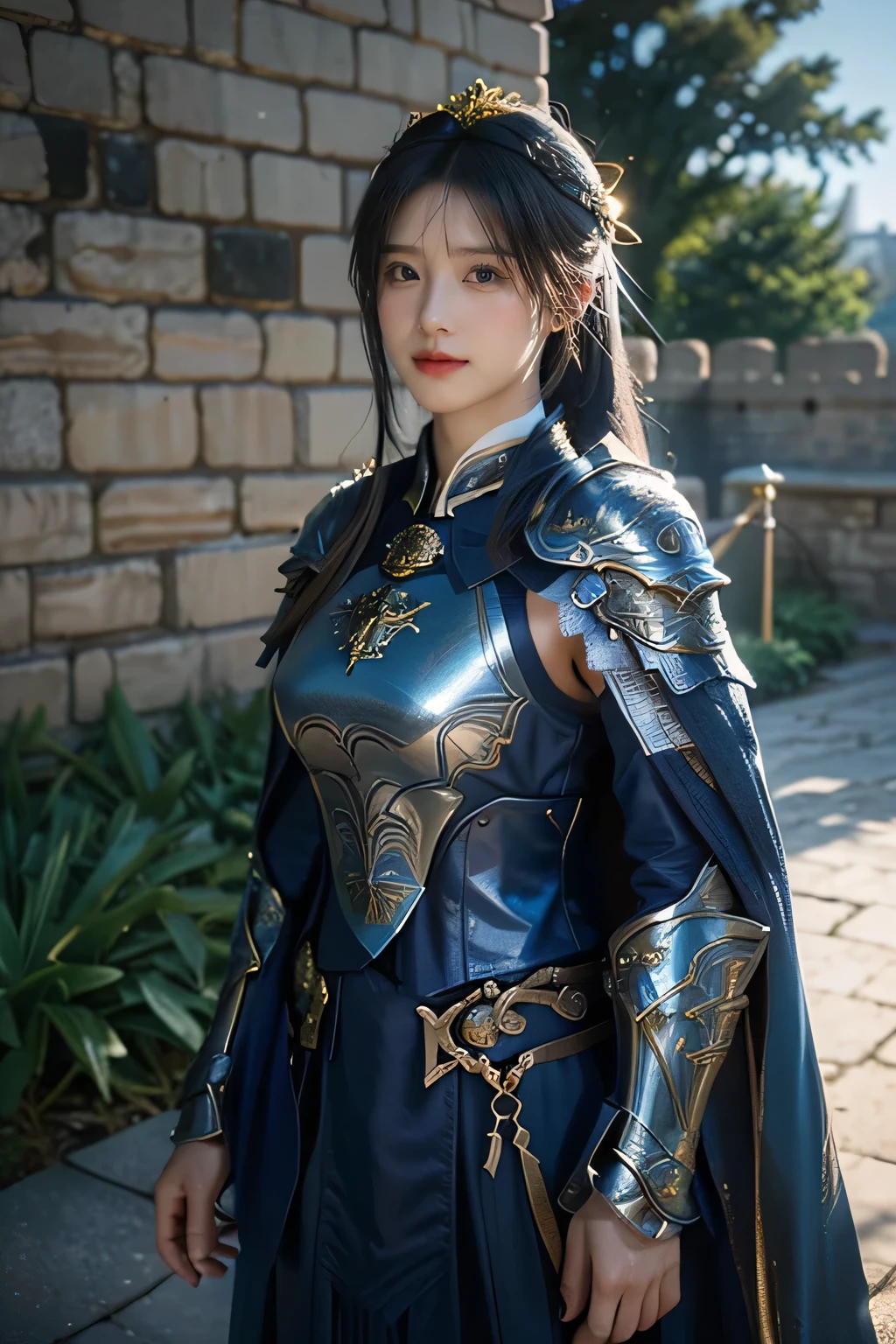 masterpiece,Best quality,A high resolution,8K,Original photo,real photo,Ancient city wall battlefield background,((field:1.8)),digital photography,(Female generals on the battlefield in the Han Dynasty),(((Standing at the crenellations of the city wall))),18-year-old girl,(long ponytail hairstyle),cparted lips,Full and erect breasts,Noble and charming,Elegant and serious,(Thick blue fish scale armor),Long blue cape,((Bundle hair)),The combination of white metal and red leather,Chest covered with gold armor,metallic luster,Leather buckle,Exquisite pattern,mysterious badge,Cool and gorgeouig breasts)),Chest groove,Three Kingdoms character painting style,Photo pose,oc render reflection texture,bright shades,stand in the sun,No shadows on the face,charming smile,Head-up shot,