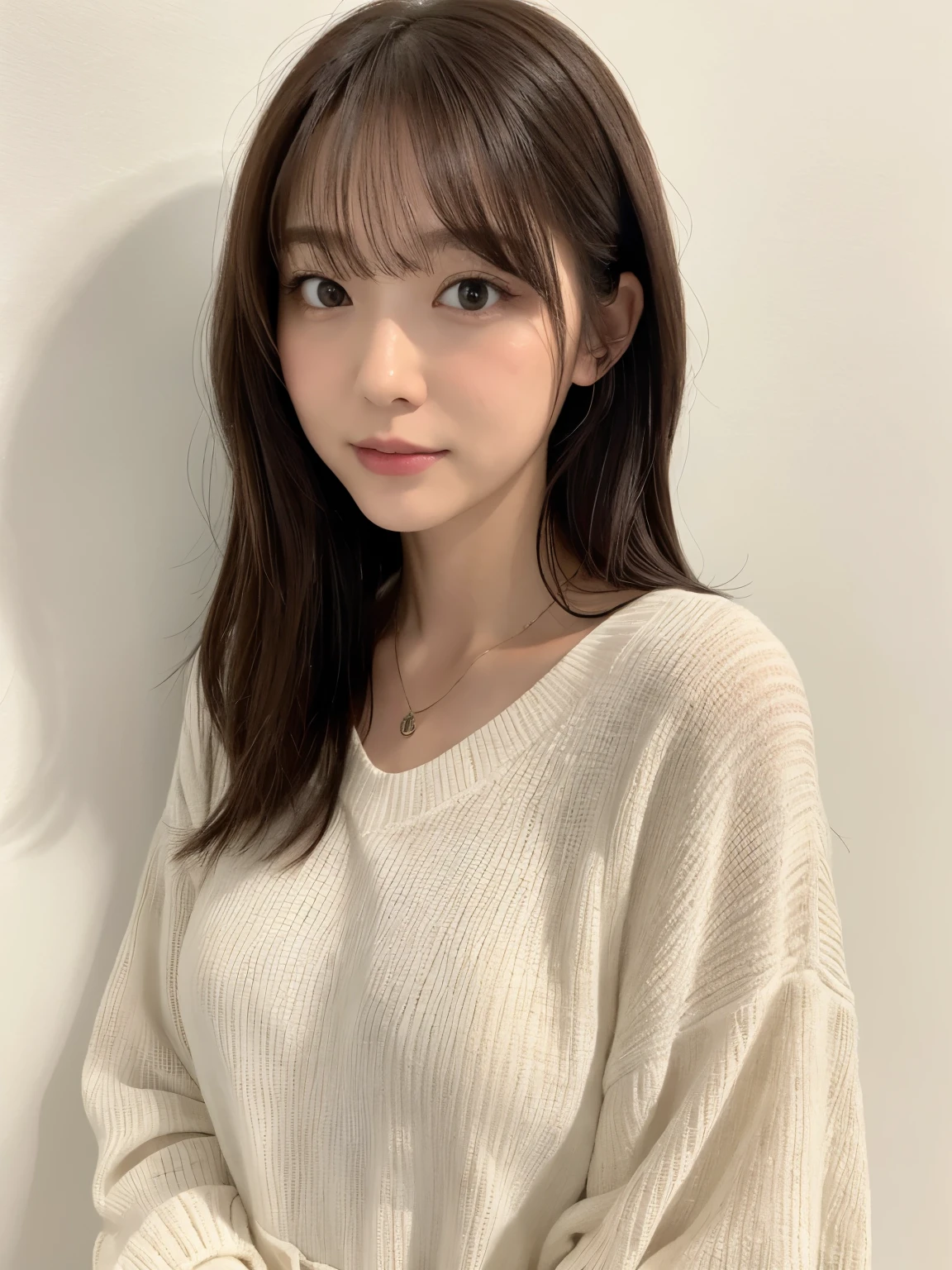 (Highly realistic photos, High resolution, detailed face, fine eyes), ((Taken in front of a white wall))、japanese woman, 40 years old, various expressions, alone:1, slim figure, different hairstyles, casual clothes, Only one person appears in the photo、long sleeve dress、Photographed in natural light、simple necklace、spring clothes、don&#39;t look at the camera、profile、dark brown hair color、bob hair、hands are down