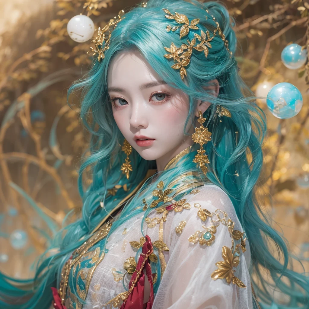 鹅黄 blue colors,enamel,agate,A flesh-colored world,Blood Blue Maiden 32k(masterpiece,HD,Aoyama Pond,Ultra high quality,32k)long flowing bright blue hair,blood pool,Ziddink, a color,Grumpy (After greeting), (Linen scarf), fighting stance, looking at the ground, long 鹅黄 hair, Floating bright blue, Fire cloud gold headdress, Chinese long-sleeved gold silk burgundy garment, (Abstract metaverse splash:1.2), White background,Peony flower vitality protector(realistically:1.4),bright purple hair,Smoke on the road,The background is very pure, high resolution, detail, RAW photos, Sharp Re, Nikon D850 film photo by Jefferies Lee 4 Kodak Portra 400 camera F1.6 guns, colorful, Ultra-realistic and vivid textures, dramatic lighting, Unreal Engine Art Station Trend, Sinest 800,一个有着long flowing bright blue hair的女孩,Huge colorful bubbles鹅黄