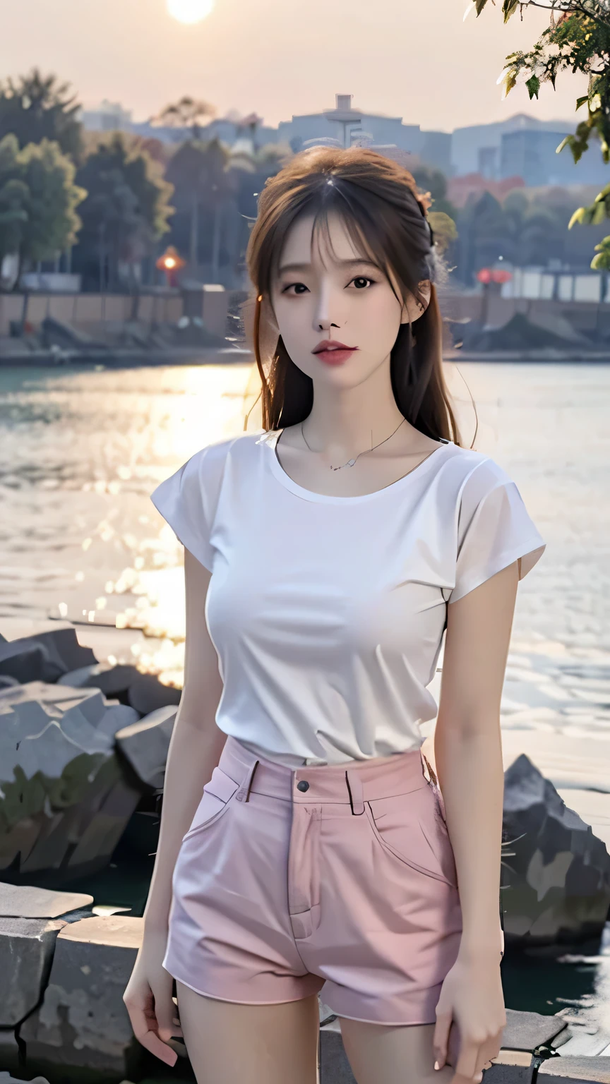 masterpiece, best quality, (actual, photoactual: 1.37), 8k, extremely delicate and beautiful, amazing, fine details, official art, Ridiculous, incredibly Ridiculous, File size is large, super detailed, Very detailed, Beautiful and delicate girl, 1 girl, (perfect female figure), whole body, t-shirt, shorts, long legs, no breasts.
