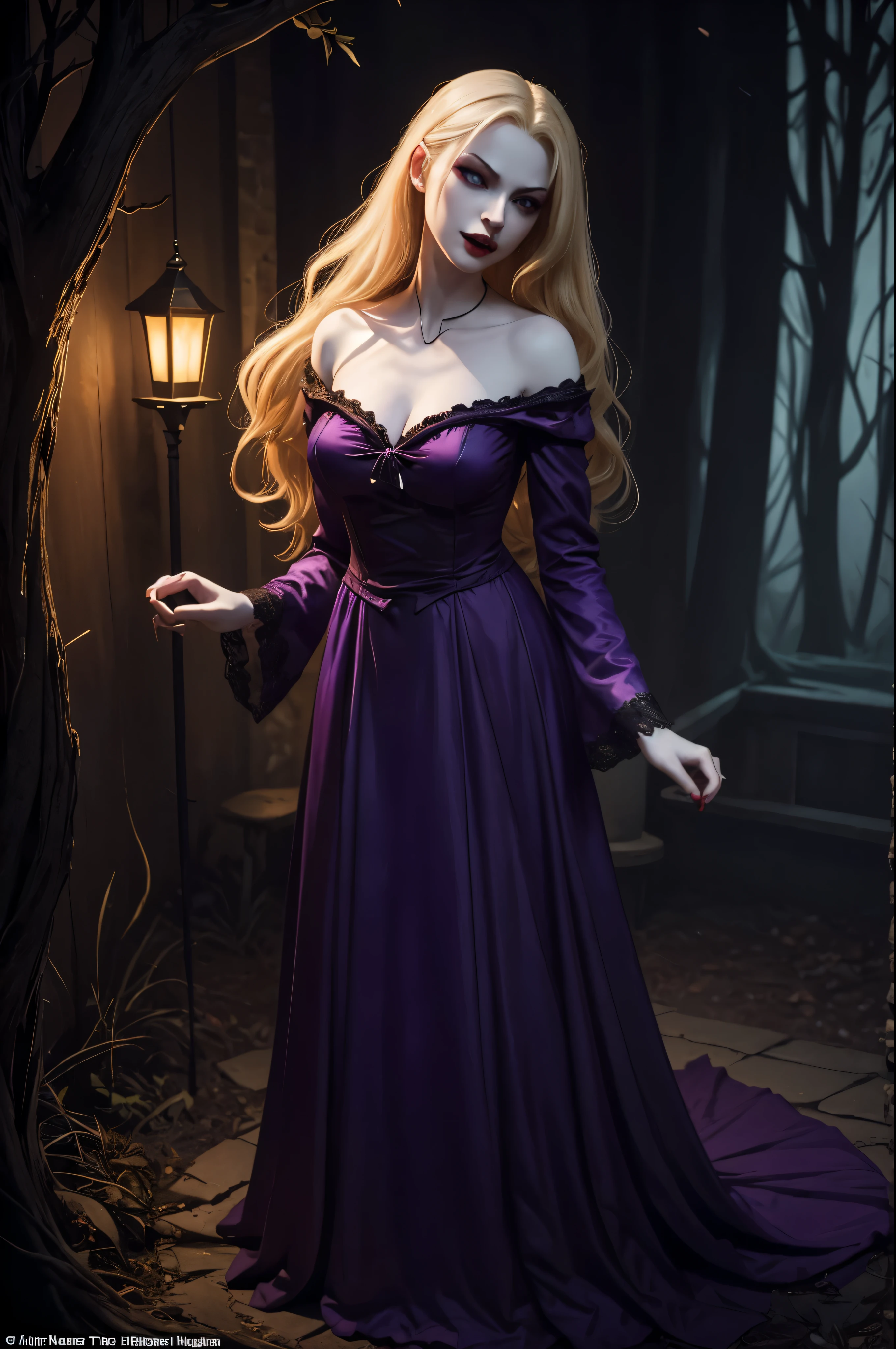 (Night in the woods). Vampire woman, (full body), blonde, pale skin, fangs bared, hungry, purple nightgown, floats toward the viewer. in the style of a classic painted illustration, dramatic lighting, (depth of field), ((masterpiece)), ((best quality)), ((highly detailed))