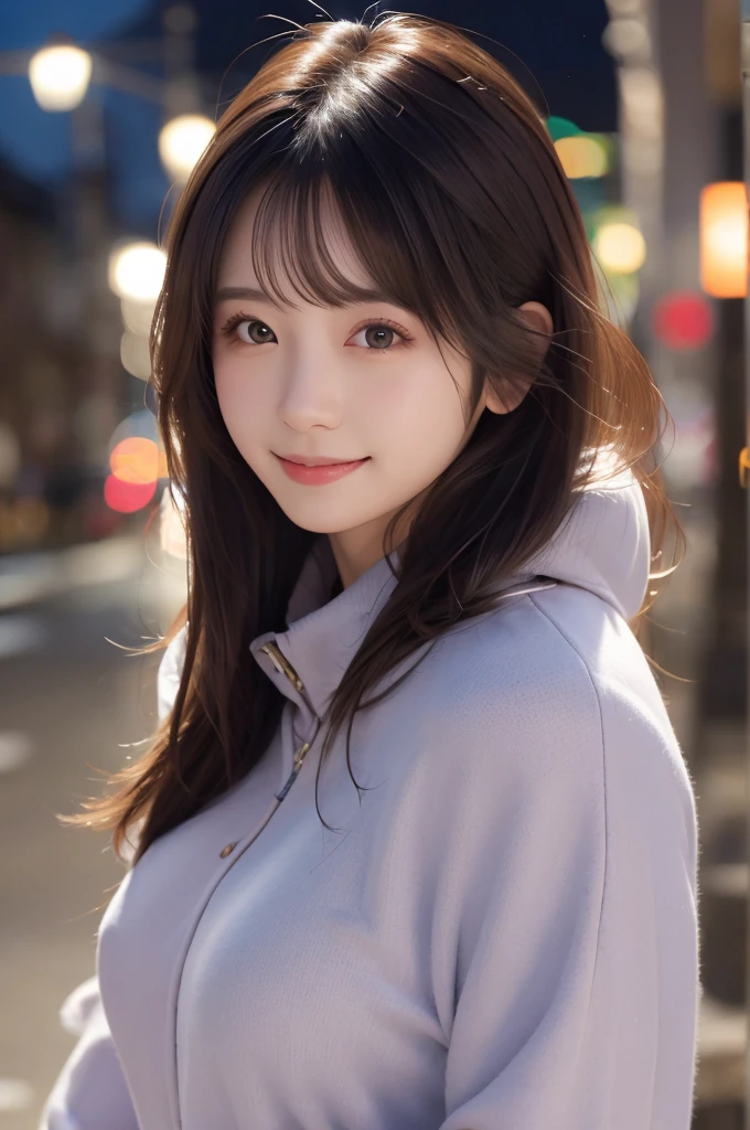 masutepiece, Best Quality, Illustration, Ultra-detailed, finely detail, hight resolution, 8K Wallpaper, Perfect dynamic composition, Beautiful detailed eyes, Cold winter clothes,Medium Hair,Small breasts natural color lip, Gravure Pose,Smile,Harajuku、20 years girl、Cute、Taken in front of the camera, nighttime scene, blur background