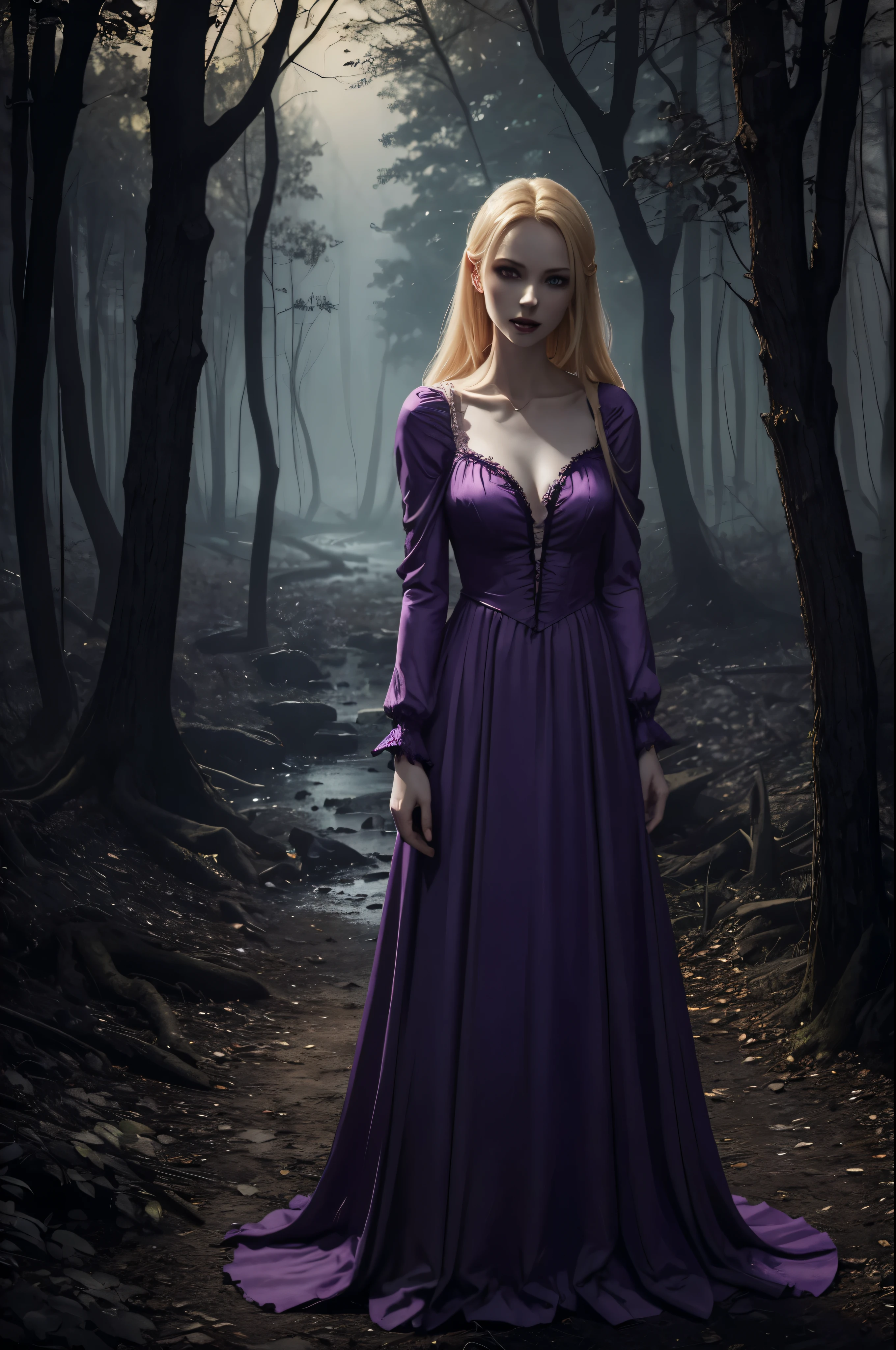 (Night in a deserted woods by a river). Vampire woman, (full body), blonde, pale skin, fangs bared, hungry, purple nightgown, stalks toward the viewer. in the style of a classic painted illustration, dramatic lighting, (depth of field), ((masterpiece)), ((best quality)), ((highly detailed))