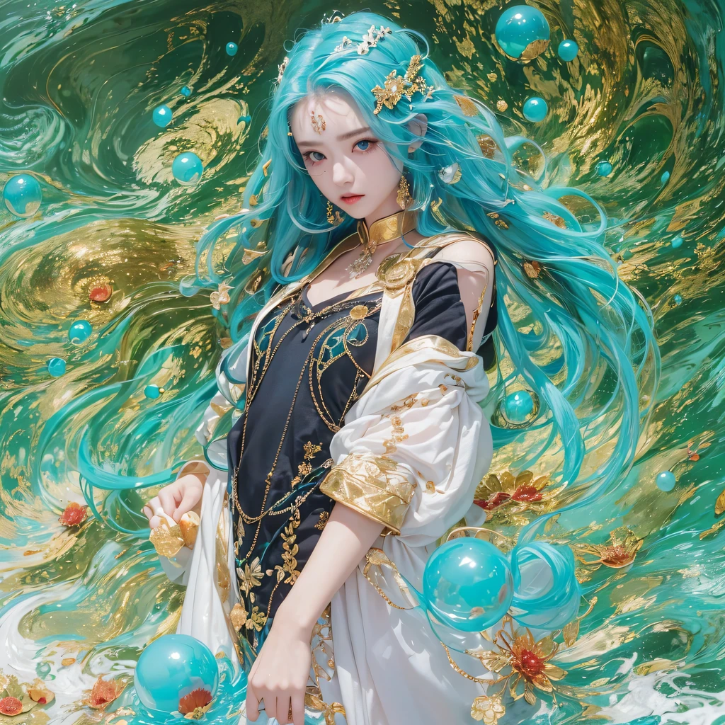 鹅黄 blue colors,enamel,agate,A flesh-colored world,Blood Blue Maiden 32k(masterpiece,HD,Aoyama Pond,Ultra high quality,32k)long flowing bright blue hair,blood pool,Ziddink, a color,Grumpy (After greeting), (Linen scarf), fighting stance, looking at the ground, long 鹅黄 hair, Floating bright blue, Fire cloud gold headdress, Chinese long-sleeved gold silk burgundy garment, (Abstract metaverse splash:1.2), White background,Peony flower vitality protector(realistically:1.4),bright purple hair,Smoke on the road,The background is very pure, high resolution, detail, RAW photos, Sharp Re, Nikon D850 film photo by Jefferies Lee 4 Kodak Portra 400 camera F1.6 guns, colorful, Ultra-realistic and vivid textures, dramatic lighting, Unreal Engine Art Station Trend, Sinest 800,一个有着long flowing bright blue hair的女孩,Huge colorful bubbles鹅黄