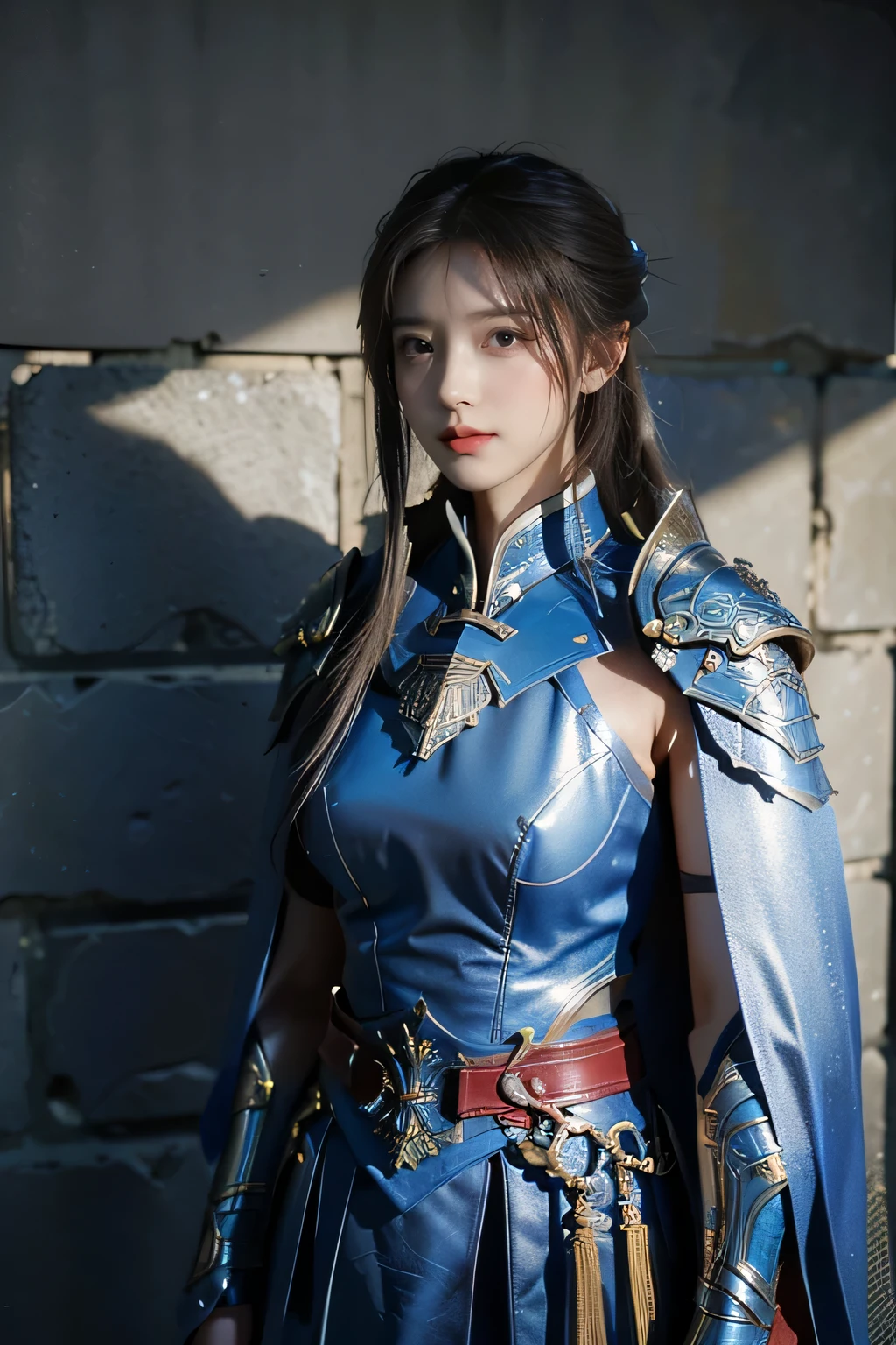 masterpiece,Best quality,A high resolution,8K,Original photo,real photo,Ancient city wall battlefield background,((field:1.8)),digital photography,(Female generals on the battlefield in the Han Dynasty),(((Stand on the Great Wall))),18-year-old girl,(long ponytail hairstyle),cparted lips,Full and erect breasts,Noble and charming,Elegant and serious,(Thick blue fish scale armor),Long blue cape,The combination of white metal and red leather,Chest covered with gold armor,metallic luster,Leather buckle,Exquisite pattern,mysterious badge,Cool and gorgeouig breasts)),Chest groove,Three Kingdoms character painting style,Photo pose,oc render reflection texture,bright shades,stand in the sun,No shadows on the face,charming smile,Head-up shot,