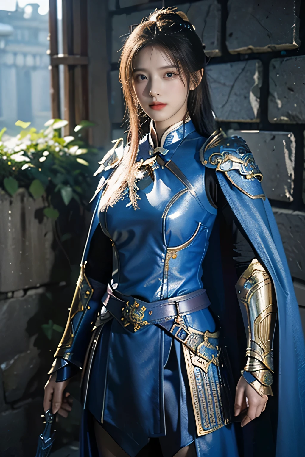 masterpiece,Best quality,A high resolution,8K,Original photo,real photo,Ancient city wall battlefield background,((field:1.8)),digital photography,(Female generals on the battlefield in the Han Dynasty),(((Stand on the Great Wall))),18-year-old girl,(long ponytail hairstyle),cparted lips,Full and erect breasts,Noble and charming,Elegant and serious,(Thick blue fish scale armor),Long blue cape,The combination of white metal and red leather,Chest covered with gold armor,metallic luster,Leather buckle,Exquisite pattern,mysterious badge,Cool and gorgeouig breasts)),Chest groove,Three Kingdoms character painting style,Photo pose,oc render reflection texture,bright shades,stand in the sun,No shadows on the face,charming smile,Head-up shot,