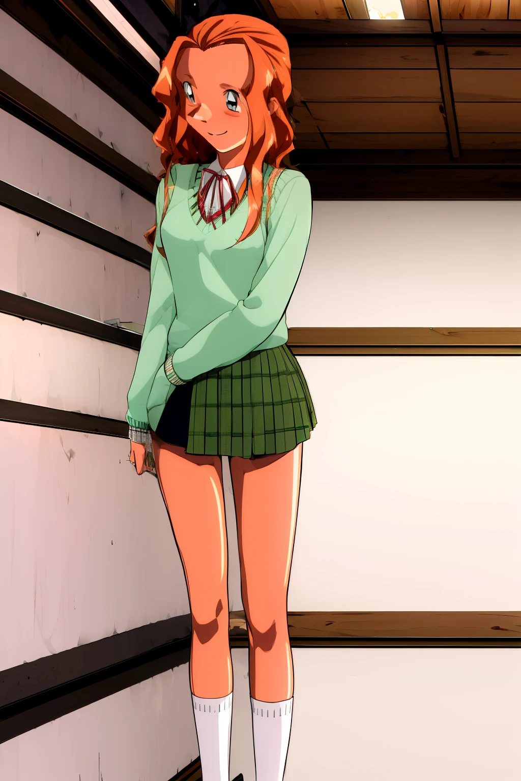 (original photo, best quality), 1 girl, Smile, alone, outdoor, in front of school,
 Hit Mizuho, 
Uniforms, ribbon, sweater, Plaid skirt, beautiful legs, long legs, loose socks,