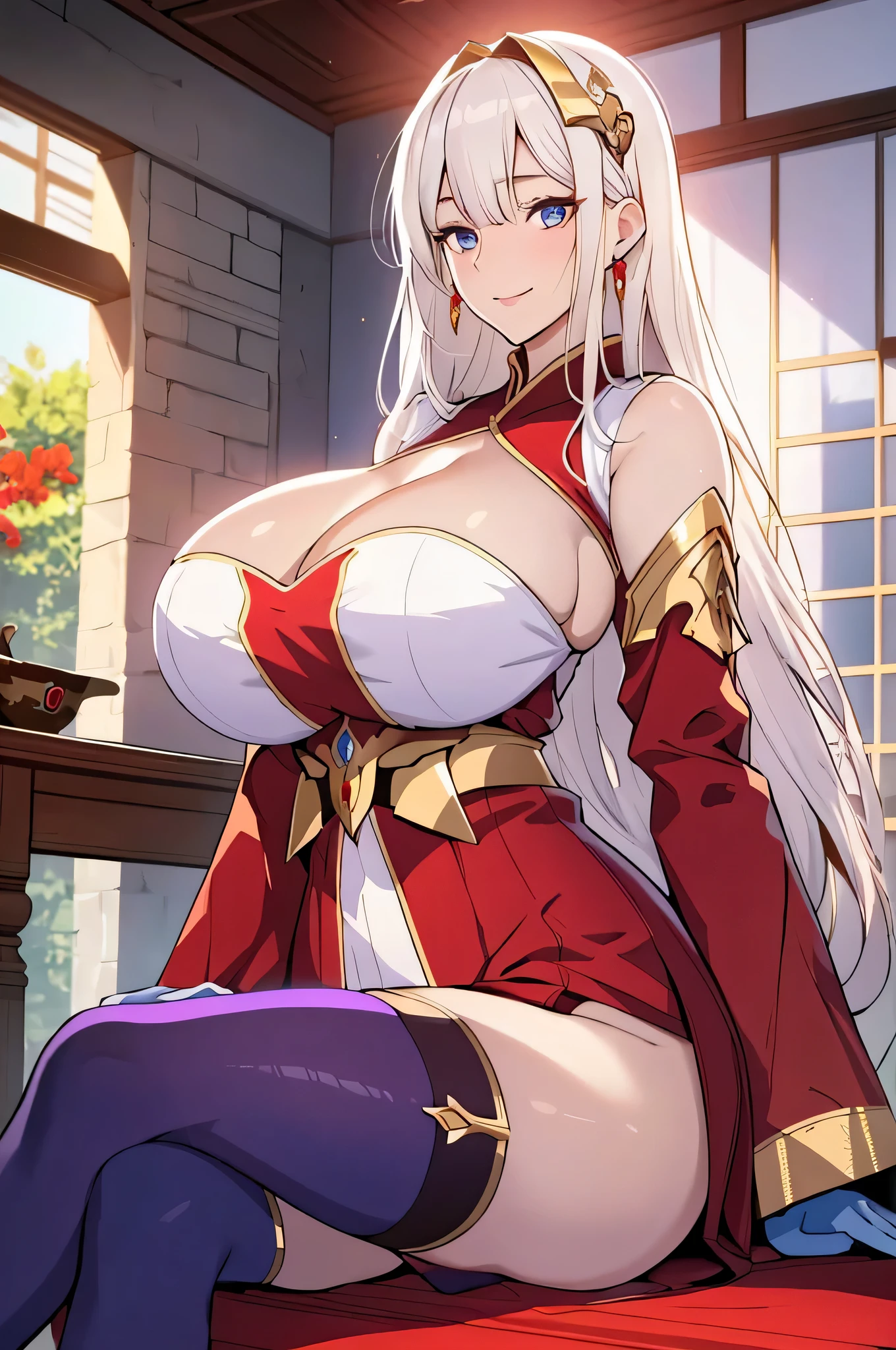Lian, short white hair, hair stick, bangs, blue eyes, solo, smiling, standing, upper body, hips, bare shoulders,purple thighhighs, red dress, gold jewelry,armor,gloves,circlet, cleavage, red and gold royal castle, gigantic breasts, (best quality, masterpiece, beautiful and aesthetic:1.2, highest detailed face, perfect face,) eyes, perfect face,expressive eyes,
looking at viewer, in the center of the image,(Upper_body),(Focus on her face),
official art,extremely detailed CG unity 8k wallpaper, perfect lighting,Colorful, Bright_Front_face_Lighting,shiny skin,
(masterpiece:1.0),(best_quality:1.0), ultra high res,4K,ultra-detailed
