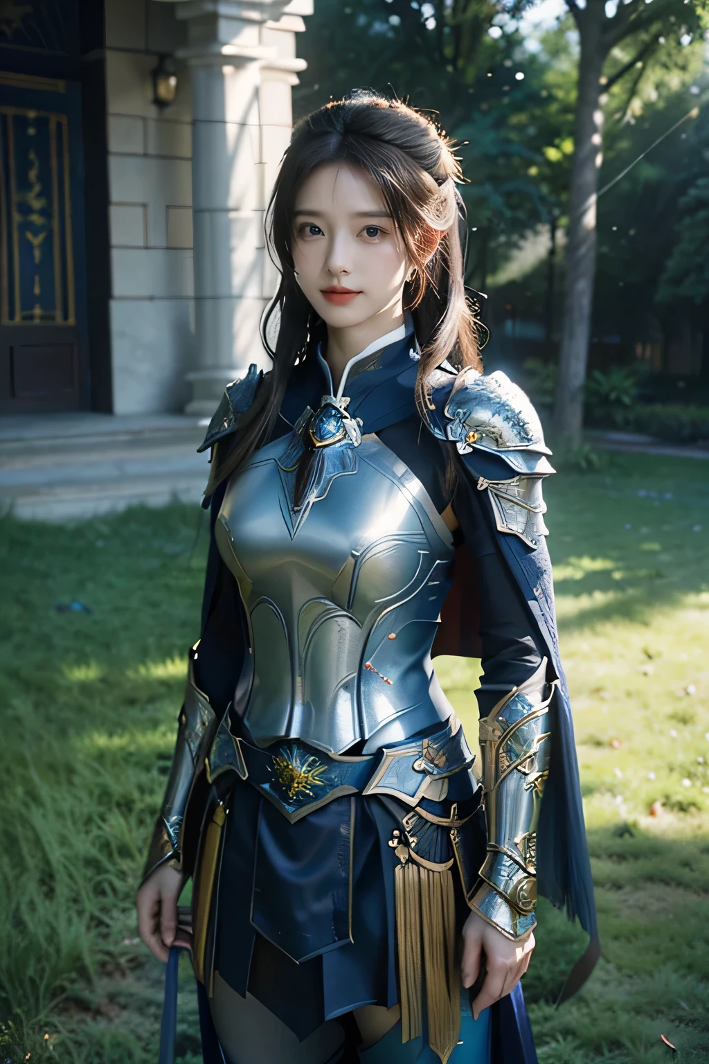 masterpiece，Best quality，A high resolution，8K，Original photo，real photo，Ancient city wall battlefield background,((field：1.8))，digital photography，(Female generals on the battlefield in the Han Dynasty)，(((standing on the grass)))，18-year-old girl，（long ponytail hairstyle)，cparted lips，Full and erect breasts，Noble and charming，Elegant and serious，(Thick blue fish scale armor），Long blue cape，The combination of white metal and red leather，Chest covered with gold armor，metallic luster，Leather buckle，Exquisite pattern，mysterious badge，Cool and gorgeouig breasts))，Chest groove，Three Kingdoms character painting style，Photo pose，oc render reflection texture，bright shades，stand in the sun，No shadows on the face，charming smile，Head-up shot，