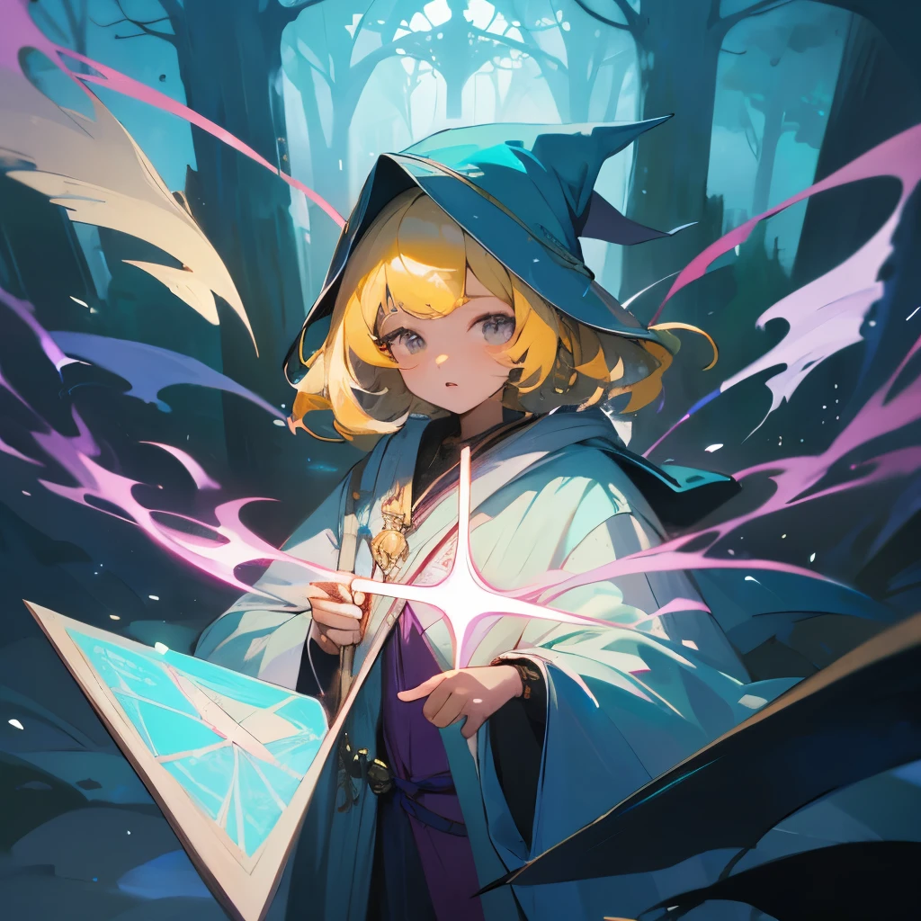 ８K, highest quality, masterpiece, super detailed、pastel color wizard beauty、Uplifting movement、Uplifting、pastel yellow hair、wizard、Holding up a wizard&#39;s wand、Wearing pastel colored wizard robes、Chanting magic、Rubik&#39;s Square、The wind is blowing
、in the deep forest、fantastic world feeling