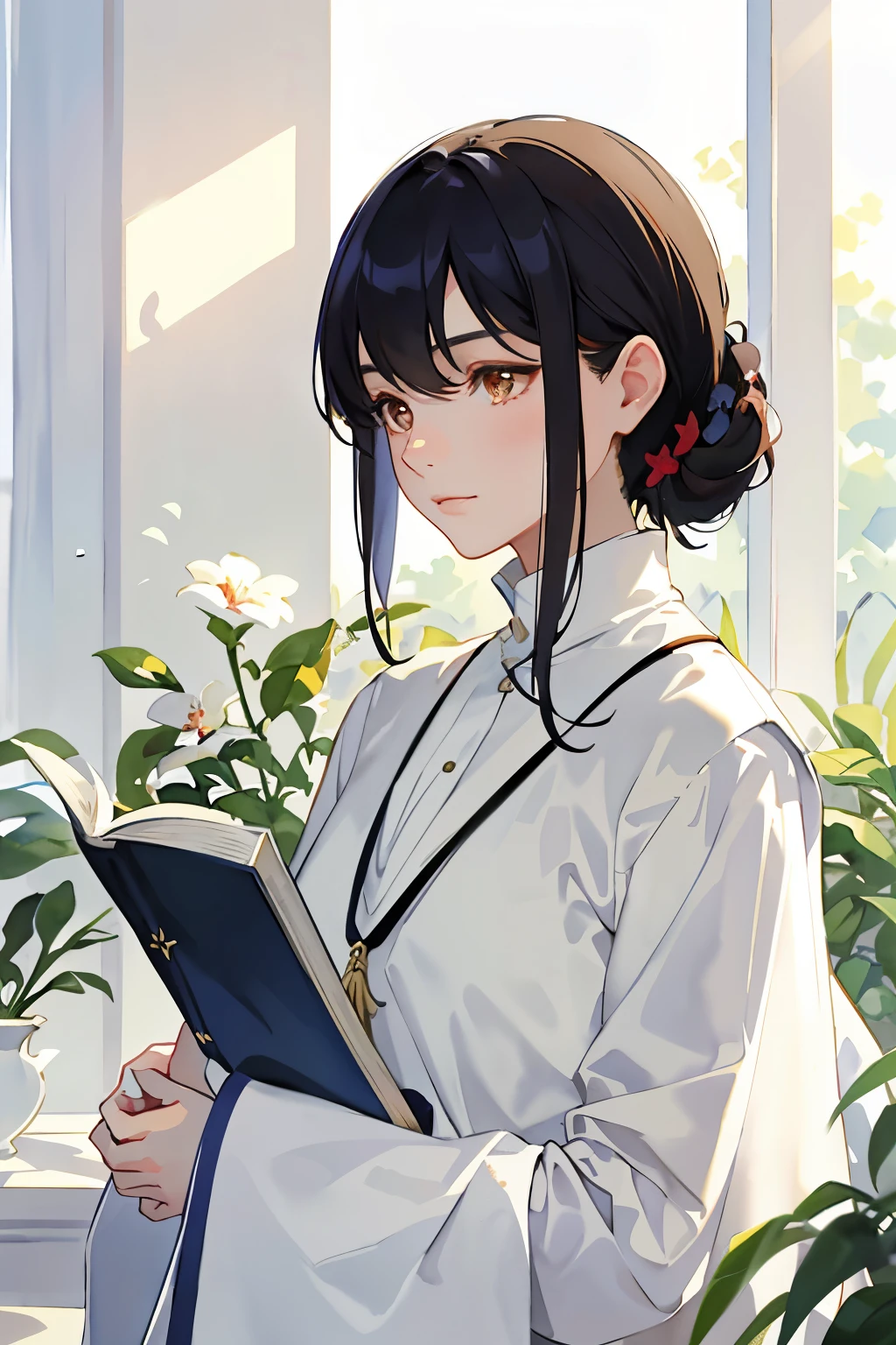 (Sargent style watercolor)、(highest quality、masterpiece)、 (1 female, alone, Upper body:1.2), Clotheinimal, neutral, high quality fabric, exterior: Simple hairstyles, beautiful makeup, effortless beauty, action: considerate, Intentional, meditative, Location: nature, yoga studio, quiet space, Hobby editing, read