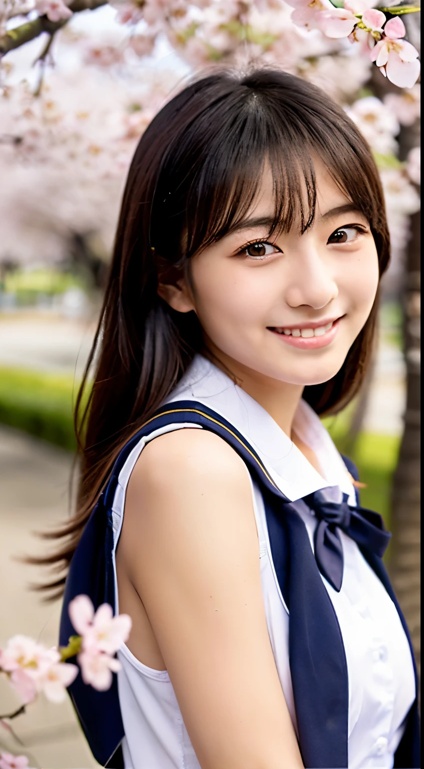 (((beautiful japanese high school girl))) 、1 person、(((At the cherry blossom trees in bloom)))、doing a sexy pose、(((A revealing sleeveless sailor suit)))、(((Glamour)))、((smile))、photorealistic、With a clearer image、beautiful detailed eyes、hyper realism、high contrast、Ultra HD、realistic skin texture、Highest image quality、highest quality、ultra high resolution、Finely detailed、very carefully