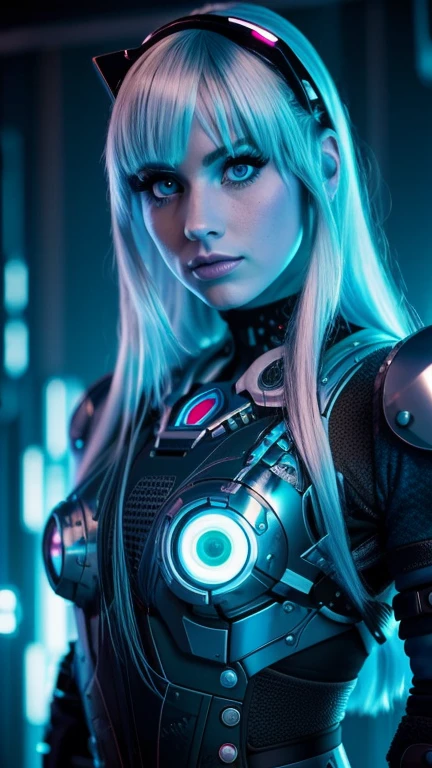 A futuristic cyberpunk woman with a captivating gaze and sleek metallic cybernetic enhancements.