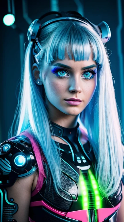 Alice in Wonderland, estilo TRON, Alicia, rubia, hair made from bionic implants, chica cyborg detallada, light blue led eyescyborg woman| biopunk| Cybernetics | ciberpunk | canon m50| 100mm| sharp focus | suavemente| Hyperrealism | Muy detallado| detalles intrincados