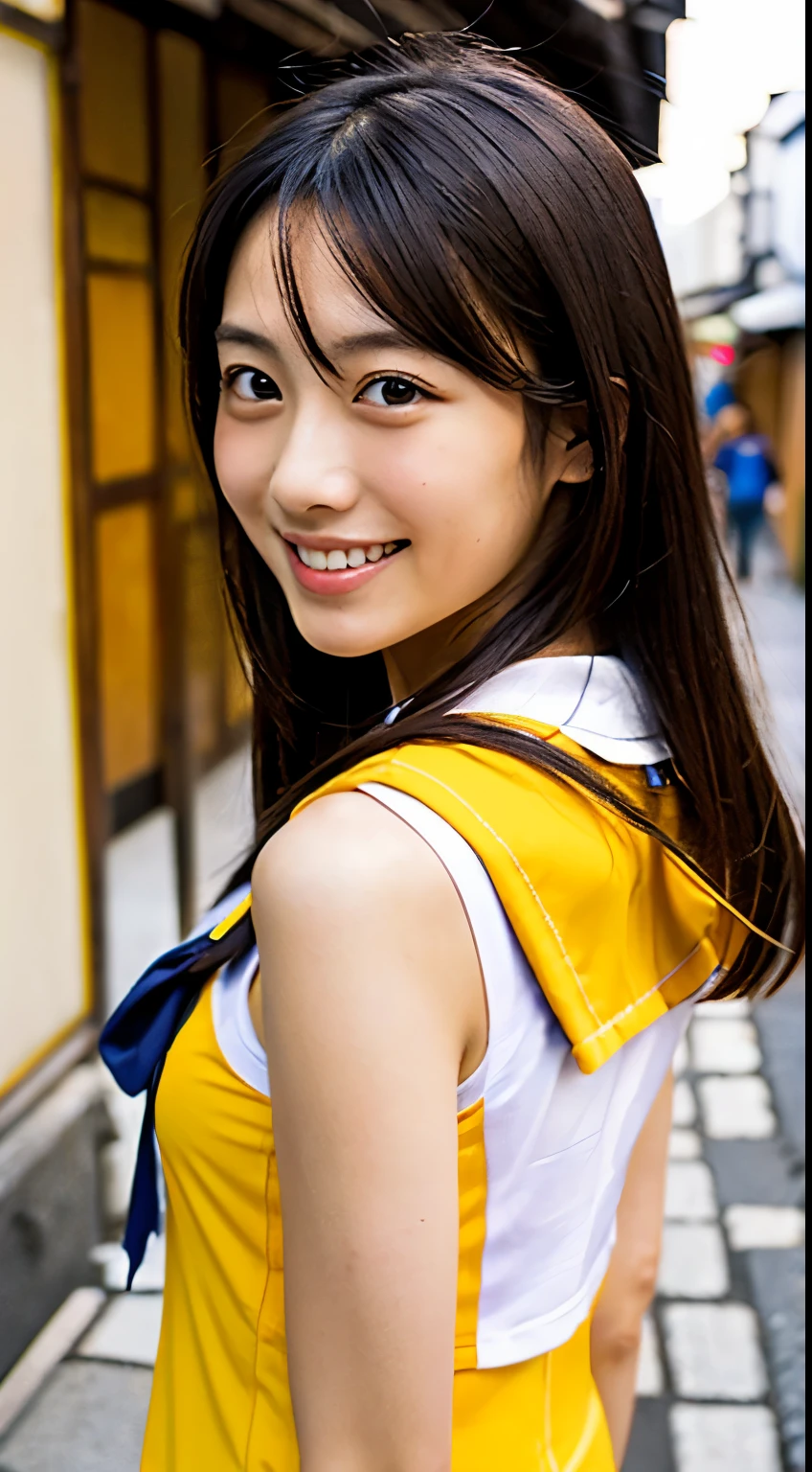 (((beautiful japanese high school girl))) 、1 person、(((At tourist spots in Kyoto in summer)))、Posing、(((A revealing yellow sleeveless sailor suit)))、(((Glamour)))、((smile))、photorealistic、distinct、beautiful detailed eyes、hyper realism、high contrast、Ultra HD、realistic skin texture、Highest image quality、highest quality、ultra high resolution、Finely detailed、very carefully
