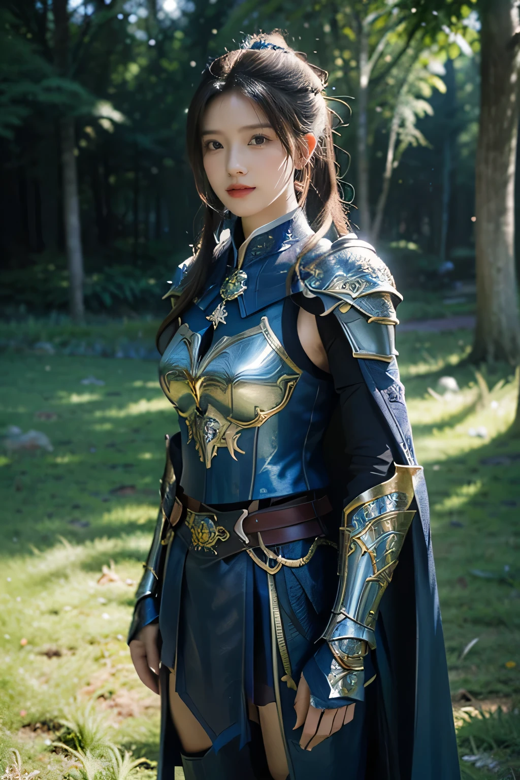 masterpiece,Best quality,A high resolution,8K,Original photo,real photo,Ancient city wall battlefield background,((field:1.8)),digital photography,(Female generals on the battlefield in the Han Dynasty),(((standing on the grass))),18-year-old girl,(long ponytail hairstyle),cparted lips,Full and erect breasts,Noble and charming,Elegant and serious,(Thick blue fish scale armor),Long blue cape,The combination of white metal and red leather,Chest covered with gold armor,metallic luster,Leather buckle,Exquisite pattern,mysterious badge,Cool and gorgeouig breasts)),Chest groove,Three Kingdoms character painting style,Photo pose,oc render reflection texture,bright shades,stand in the sun,No shadows on the face,charming smile,Head-up shot,
