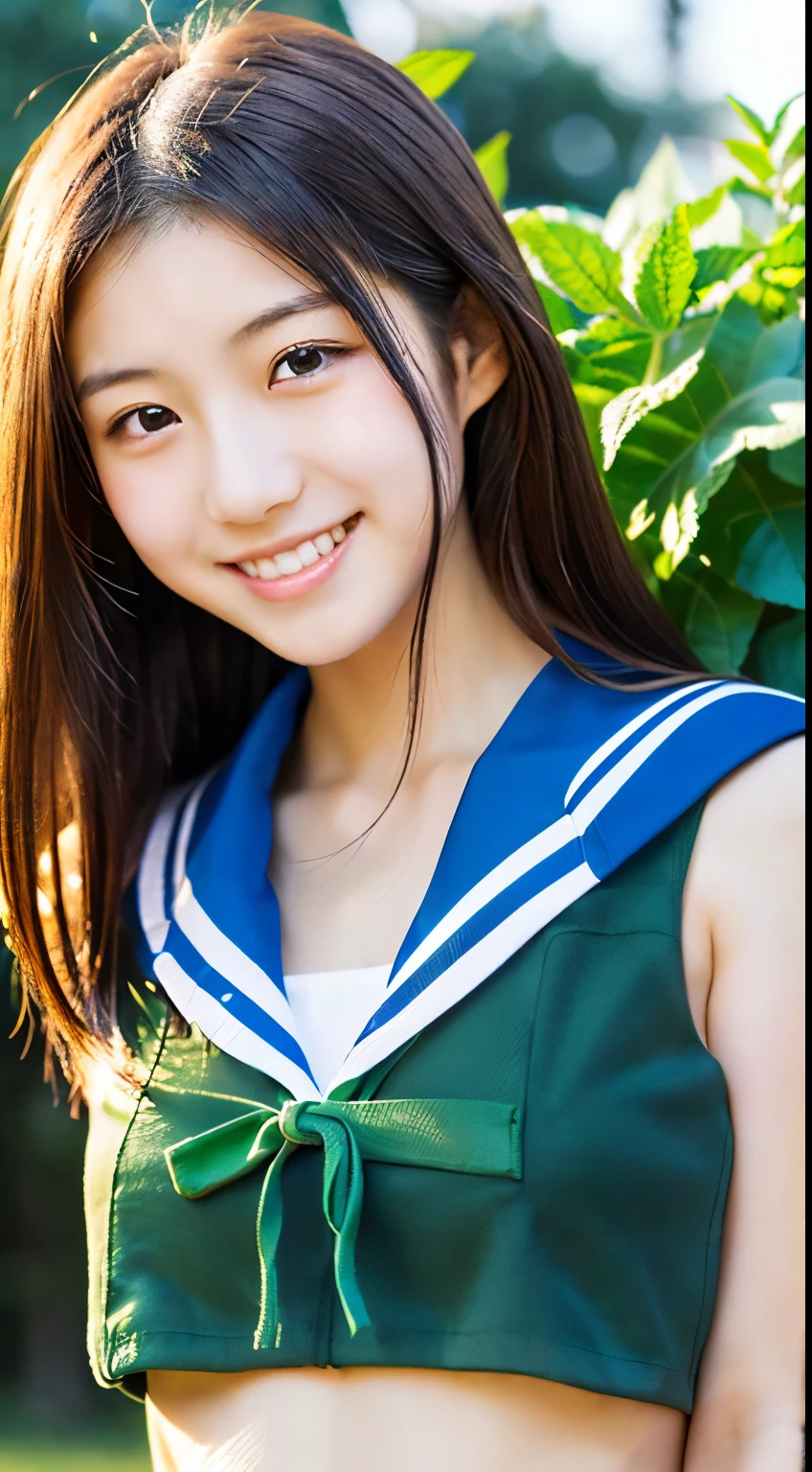 (((beautiful japanese high school girl))) 、1 person、(((In a park with beautiful summer greenery and flowers)))、Posing、(((A skimpy blue sleeveless sailor suit)))、(((Glamour)))、((smile))、photorealistic、distinct、beautiful detailed eyes、hyper realism、high contrast、Ultra HD、realistic skin texture、Highest image quality、highest quality、ultra high resolution、Finely detailed、very carefully
