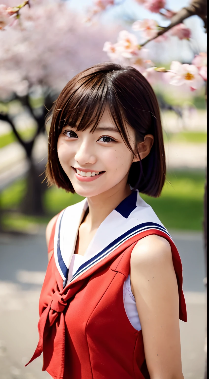 (((beautiful japanese high school girl))) 、1 person、short hair、(((At the cherry blossom trees in bloom)))、doing a sexy pose、(((A revealing sleeveless red sailor suit)))、(((Glamour)))、((smile))、photorealistic、With a clearer image、beautiful detailed eyes、hyper realism、high contrast、Ultra HD、realistic skin texture、Highest image quality、highest quality、ultra high resolution、Finely detailed、very carefully
