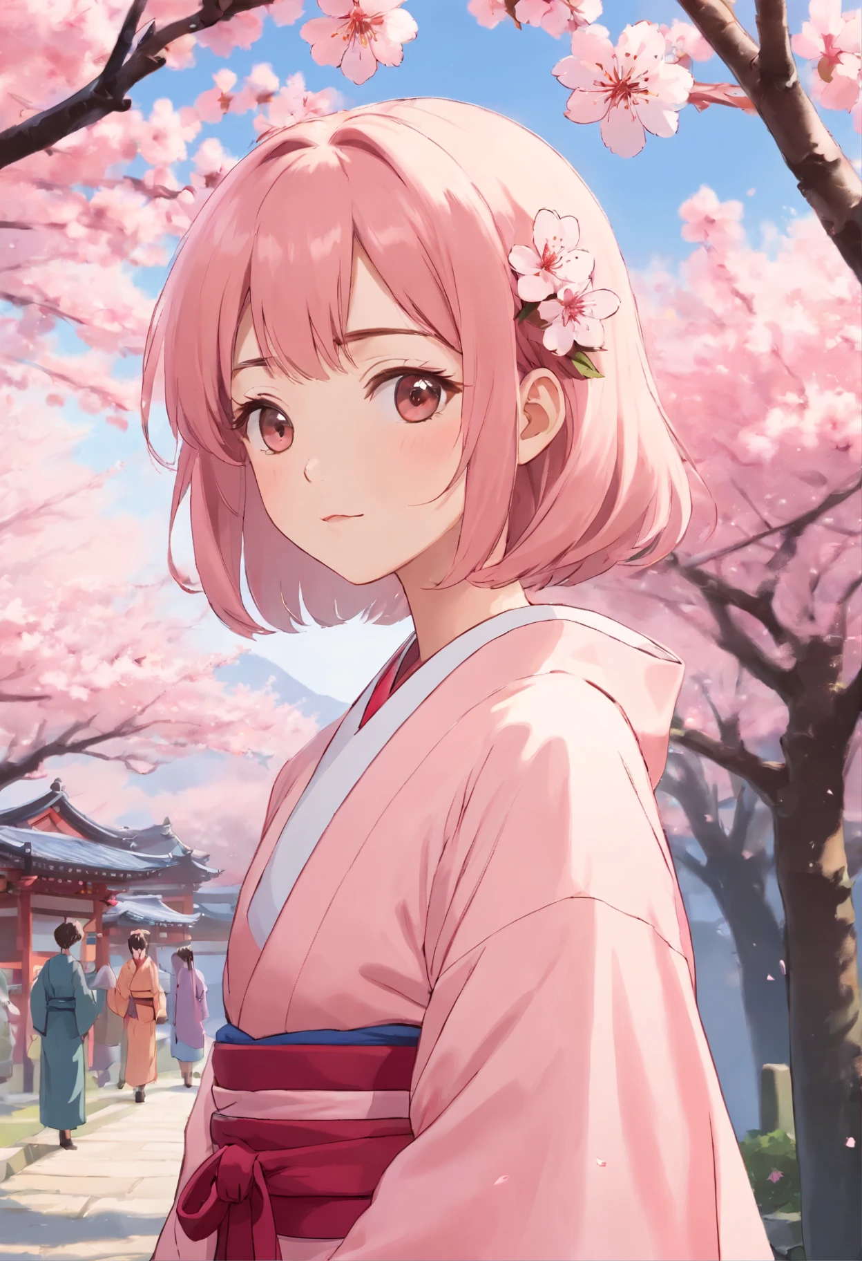 Peach blossom pink straight hair，Wears a pale pink kimono，Holding a cherry blossom branch，in the background, Beautiful cherry blossom trees are scattered with cherry blossoms，She is a sweet girl who stands tall，eyes with brightness
