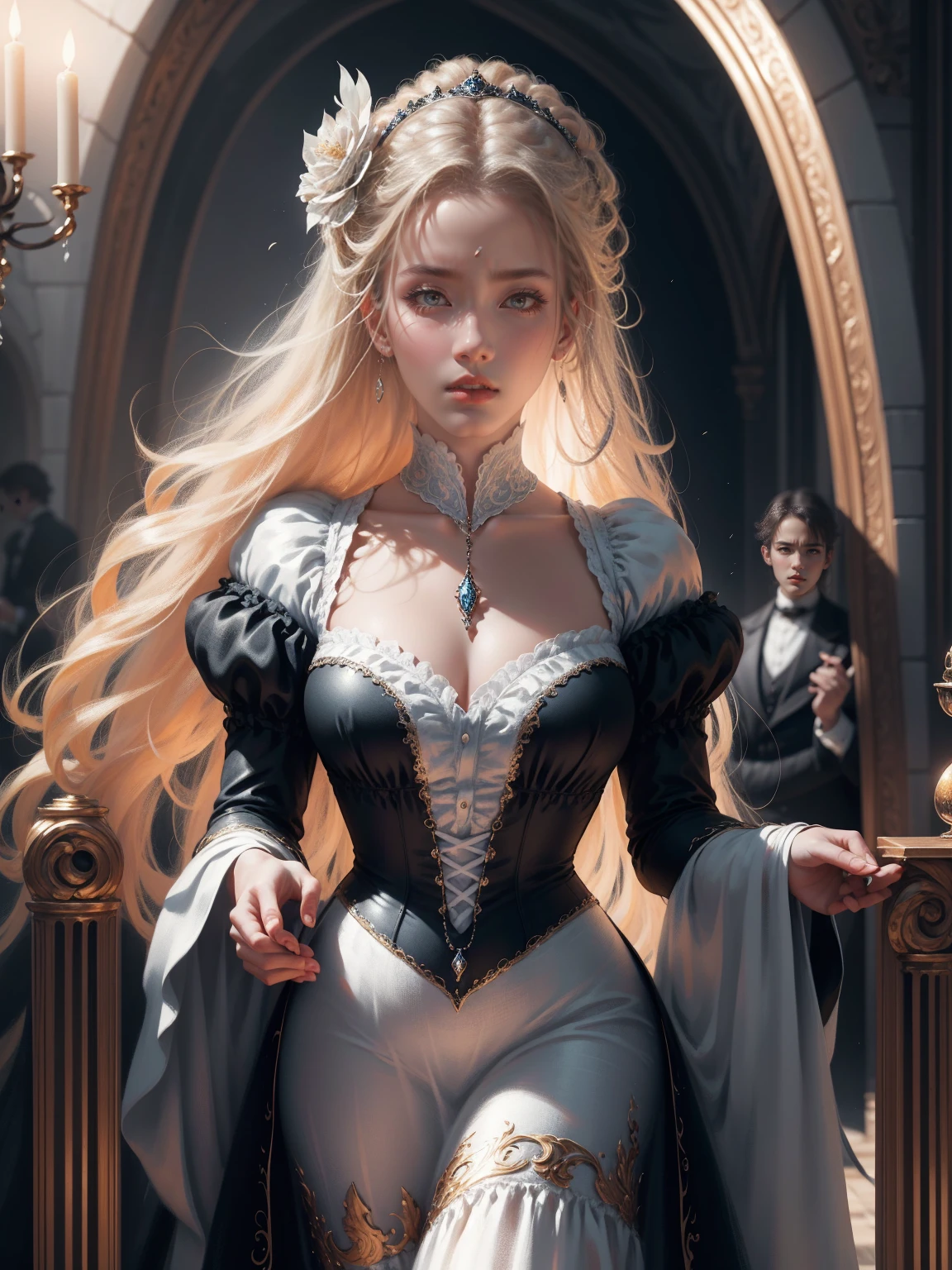 { - anatomy error}(Masterpiece - Ultra-detailed, very high resolution) Prepare to be enchanted by a true masterpiece that combines ultra-detailed art with high-resolution rendering. This work depicts a mesmerizing woman with very long blond hair (1.3) and captivating gray eyes (1.2), emanating an aura of elegance and mystery in Victorian settings. The intricate details and realistic textures invite you to explore every aspect of this enchanting composition. Woman wearing beautiful classic Victorian costume from the year 1878. Red lips. Happy face. Smiling. white dress. Walking, writing, lying down, standing, on your back, dynamic poses. Get ready to dive into a world where beauty and craftsmanship merge perfectly.