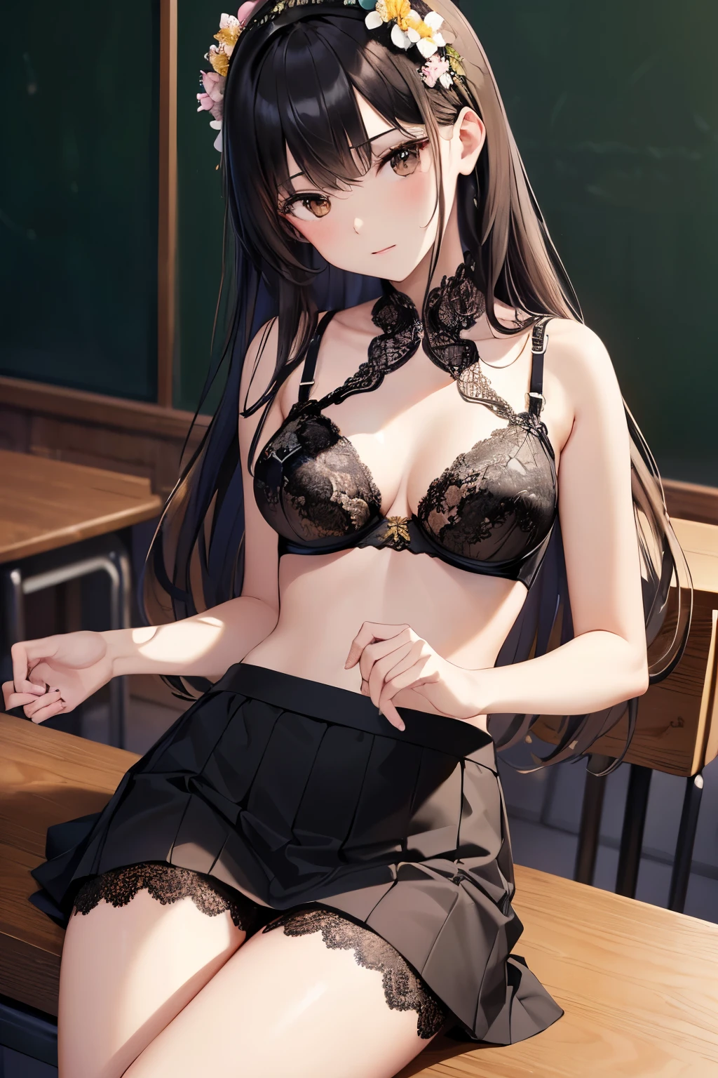 ((highest quality)),(ultra high resolution),(Super detailed),(detailed description),((best CG)),(best work of art),super precision art,great drawing art,(Art with precise details:1.5), Portrait:1.6,bust shot:1.4,(1 woman:1.5),beautiful and well-shaped face:1.5,(black lace bra with flowers on the chest:1.5)、 Japanese、girl,Slender、small face、brown eyes、tall、 highres,black hair、long hair、classroom、black lace bra、black skirt、、Sitting at a desk、Mature