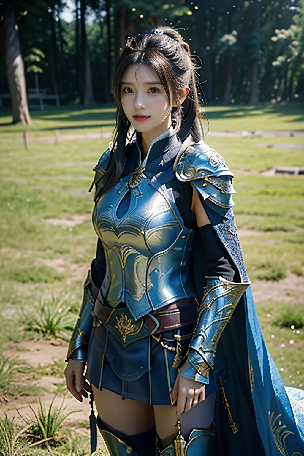masterpiece，Best quality，A high resolution，8K，Original photo，real photo，Ancient city wall battlefield background,((field：1.8))，digital photography，(Female generals on the battlefield in the Han Dynasty)，(((standing on the grass)))，18-year-old girl，（long ponytail hairstyle)，cparted lips，Full and erect breasts，Noble and charming，Elegant and serious，(Thick blue fish scale armor），Long blue cape，The combination of white metal and red leather，Chest covered with gold armor，metallic luster，Leather buckle，Exquisite pattern，mysterious badge，Cool and gorgeouig breasts))，Chest groove，Three Kingdoms character painting style，Photo pose，oc render reflection texture，bright shades，stand in the sun，No shadows on the face，charming smile，Head-up shot，