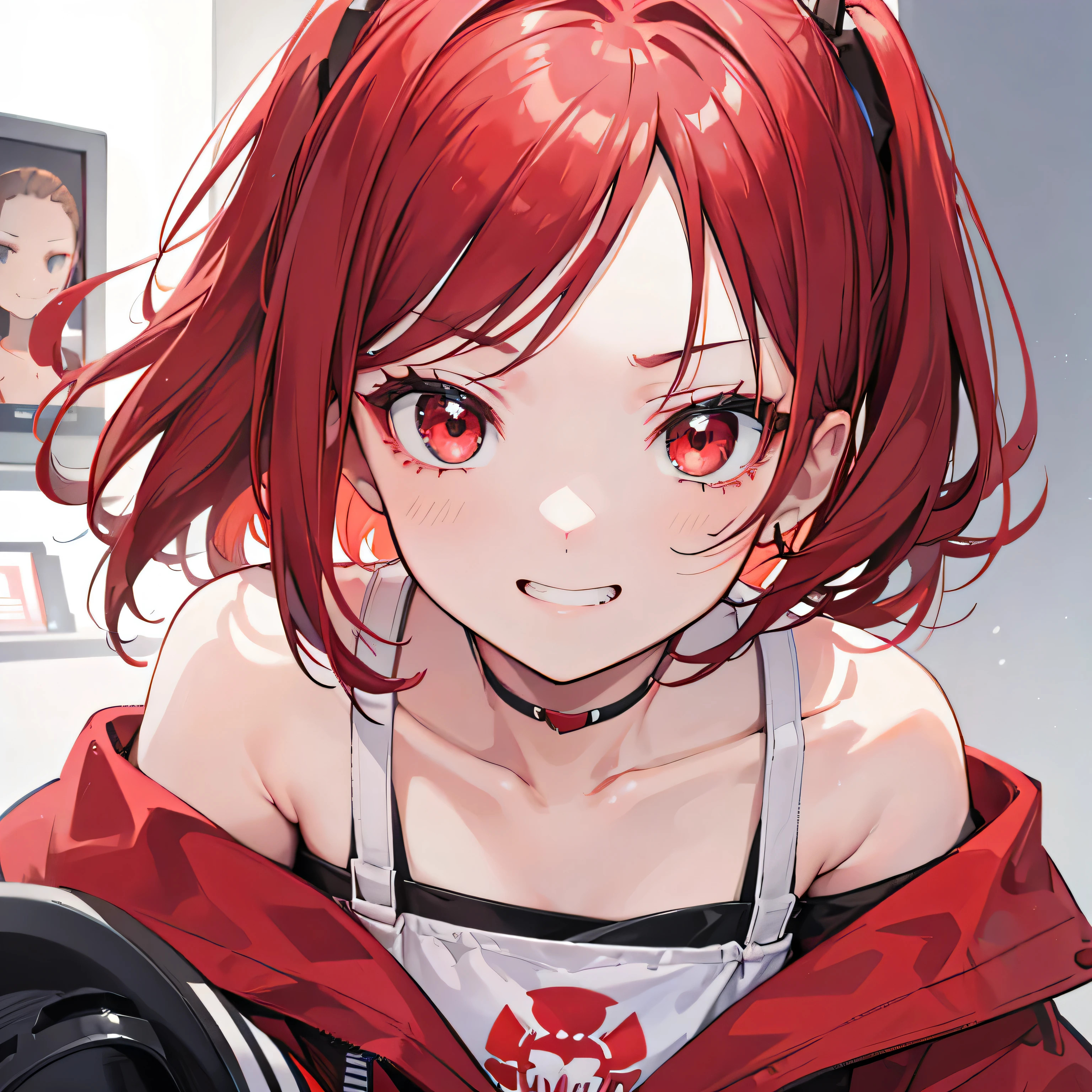 Anime girl with red hair and red eyes in a room - SeaArt AI