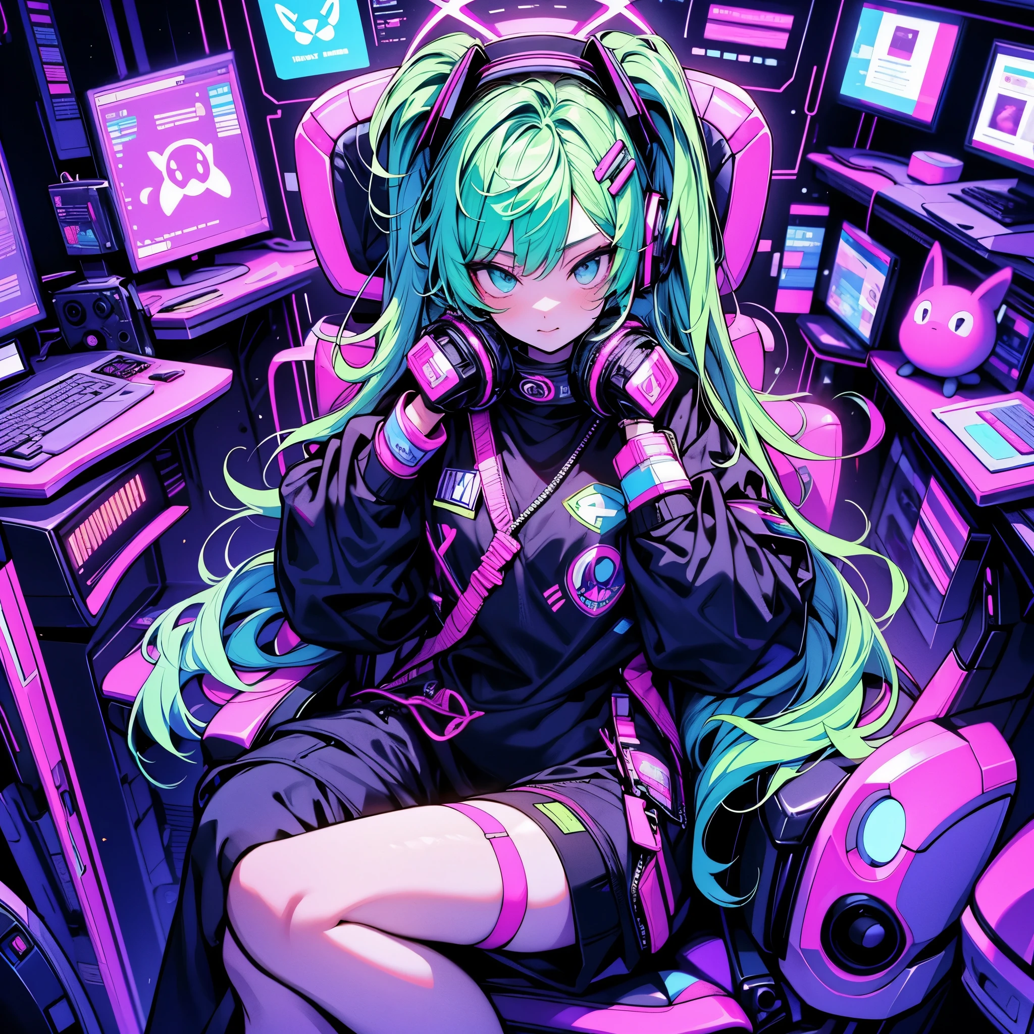 (8K, best quality, master piece:1.2),super high resolution,cyberpunk,absurdres,1 android girl,solo,yo,expressive eyes, perfect face,cyberpunk,brown eyes,long hair,straight hair,pink hair,cat ear headphones,(cyberpunk,lolita fashion:1.2),(lying face down:1.2),(through screen:1.5),seductive smile,looking at iewer,Green neon lights,indoors Cyberpunk Theater