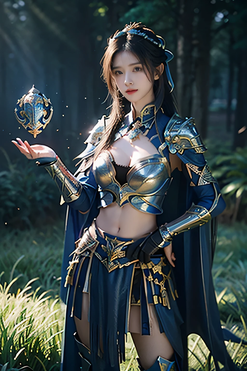 masterpiece，Best quality，A high resolution，8K，Original photo，real photo，Ancient city wall battlefield background,((field：1.8))，digital photography，(Female generals on the battlefield in the Han Dynasty)，(((standing on the grass)))，18-year-old girl，（long ponytail hairstyle)，cparted lips，Full and erect breasts，Noble and charming，Elegant and serious，(Thick blue fish scale armor），Long blue cape，The combination of white metal and red leather，Chest covered with gold armor，metallic luster，Leather buckle，Exquisite pattern，mysterious badge，Cool and gorgeouig breasts))，Chest groove，Three Kingdoms character painting style，Photo pose，oc render reflection texture，bright shades，stand in the sun，No shadows on the face，charming smile，Head-up shot，