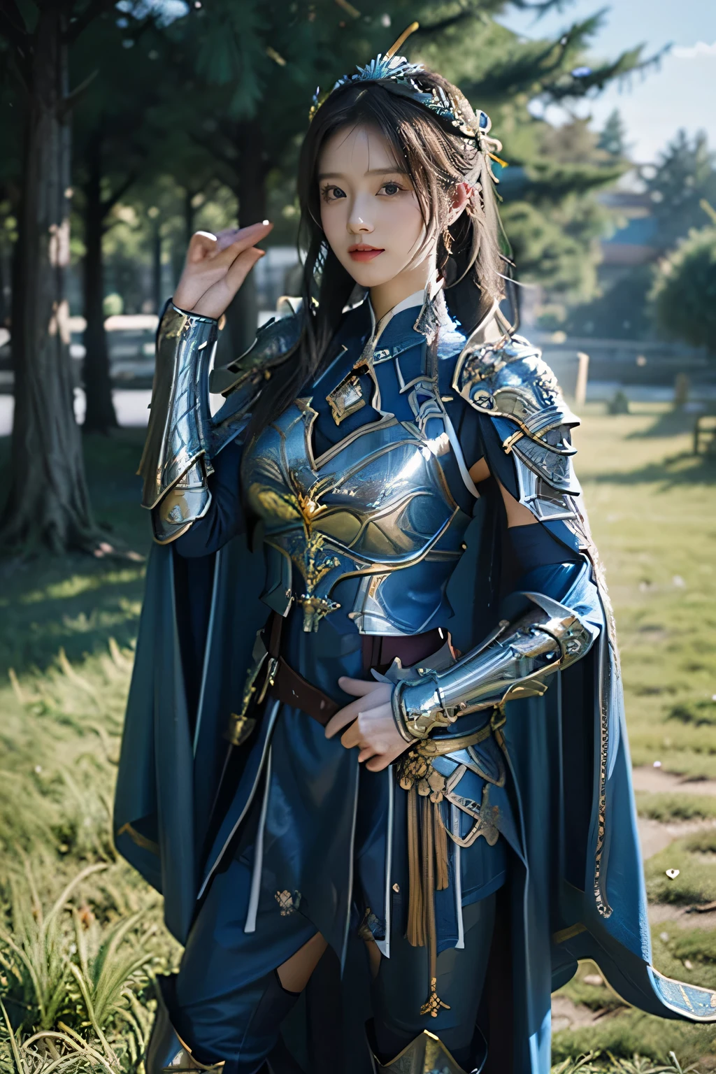 masterpiece,Best quality,A high resolution,8K,Original photo,real photo,Ancient city wall battlefield background,((field:1.8)),digital photography,(Female generals on the battlefield in the Han Dynasty),(((standing on the grass))),18-year-old girl,(long ponytail hairstyle),cparted lips,Full and erect breasts,Noble and charming,Elegant and serious,(Thick blue fish scale armor),Long blue cape,The combination of white metal and red leather,Chest covered with gold armor,metallic luster,Leather buckle,Exquisite pattern,mysterious badge,Cool and gorgeouig breasts)),Chest groove,Three Kingdoms character painting style,Photo pose,oc render reflection texture,bright shades,stand in the sun,No shadows on the face,charming smile,Head-up shot,