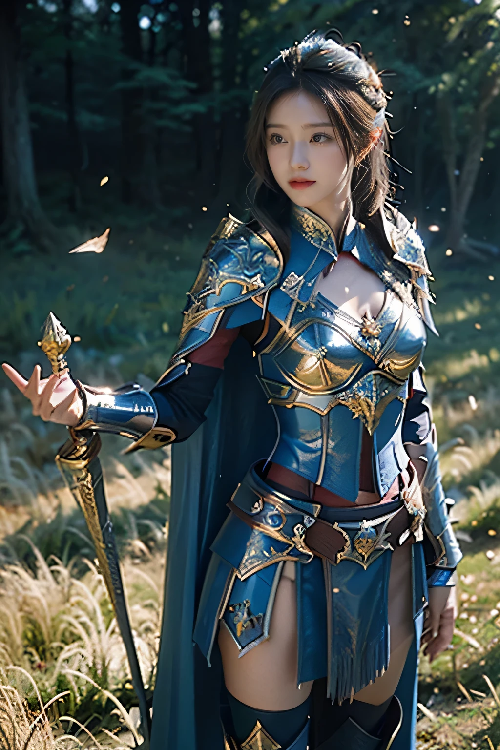 masterpiece,Best quality,A high resolution,8K,Original photo,real photo,Ancient city wall battlefield background,((field:1.8)),digital photography,(Female generals on the battlefield in the Han Dynasty),(((standing on the grass))),18-year-old girl,(long ponytail hairstyle),cparted lips,Full and erect breasts,Noble and charming,Elegant and serious,(Thick blue fish scale armor),Long blue cape,The combination of white metal and red leather,Chest covered with gold armor,metallic luster,Leather buckle,Exquisite pattern,mysterious badge,Cool and gorgeouig breasts)),Chest groove,Three Kingdoms character painting style,Photo pose,oc render reflection texture,bright shades,stand in the sun,No shadows on the face,charming smile,Head-up shot,