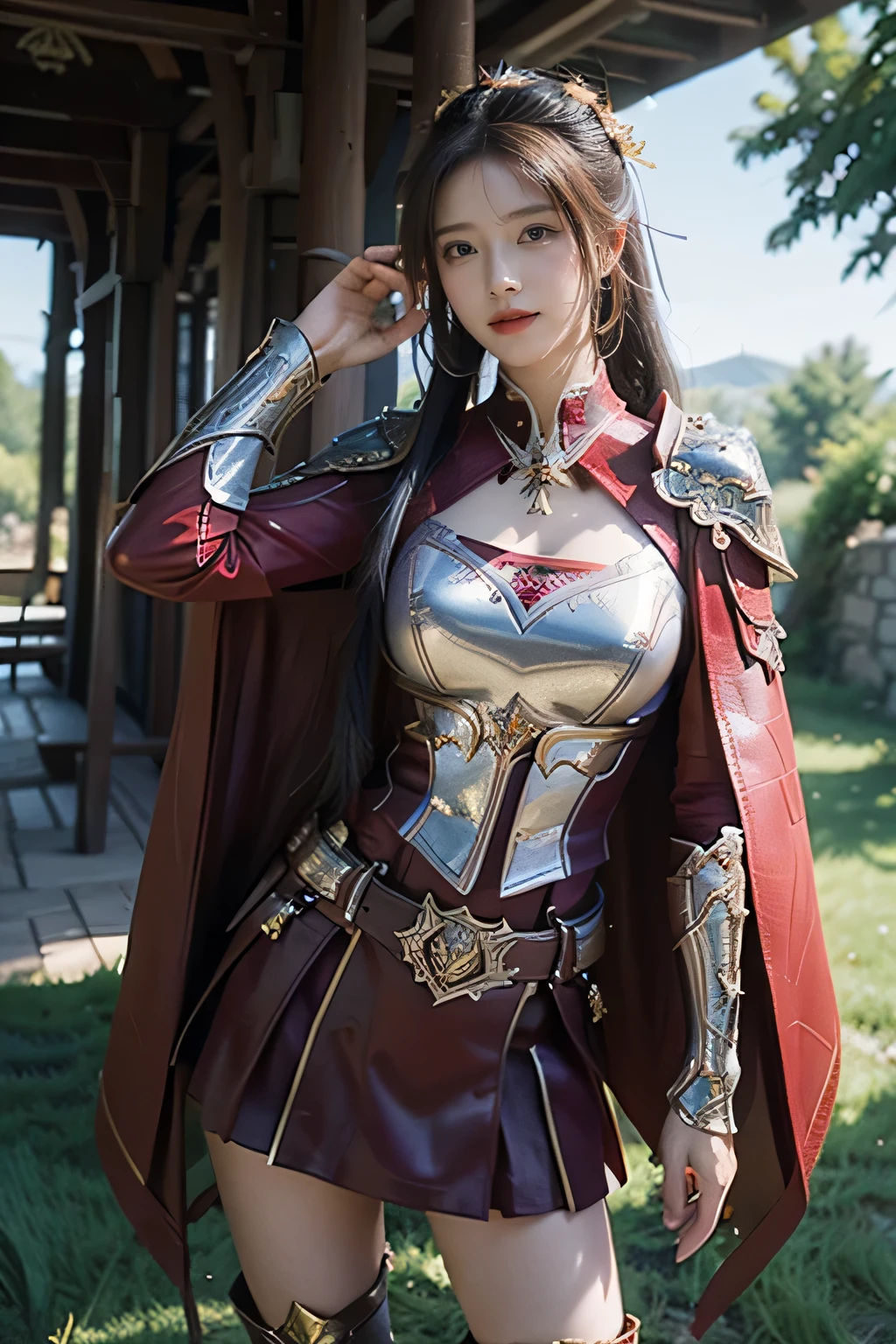 masterpiece,Best quality,A high resolution,8K,Original photo,real photo,Ancient city wall battlefield background,((field:1.8)),digital photography,(Female generals on the battlefield in the Han Dynasty),(((standing on the grass))),18-year-old girl,(long ponytail hairstyle),cparted lips,Full and erect breasts,Noble and charming,Elegant and serious,(Thick purple fish scale armor),Long red cape,The combination of white metal and red leather,Chest covered with gold armor,metallic luster,Leather buckle,Exquisite pattern,mysterious badge,Cool and gorgeouig breasts)),Chest groove,Three Kingdoms character painting style,Photo pose,oc render reflection texture,bright shades,stand in the sun,No shadows on the face,charming smile,Head-up shot,