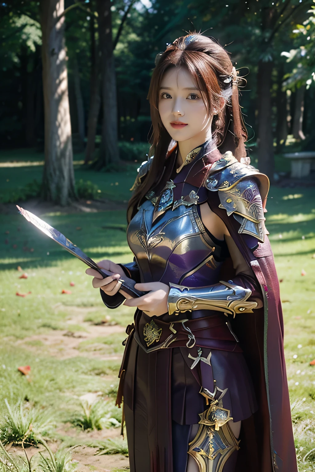 masterpiece,Best quality,A high resolution,8K,Original photo,real photo,Ancient city wall battlefield background,((field:1.8)),digital photography,(Female generals on the battlefield in the Han Dynasty),(((standing on the grass))),18-year-old girl,(long ponytail hairstyle),cparted lips,Full and erect breasts,Noble and charming,Elegant and serious,(Thick purple fish scale armor),Long red cape,The combination of white metal and red leather,Chest covered with gold armor,metallic luster,Leather buckle,Exquisite pattern,mysterious badge,Cool and gorgeouig breasts)),Chest groove,Three Kingdoms character painting style,Photo pose,oc render reflection texture,bright shades,stand in the sun,No shadows on the face,charming smile,Head-up shot,