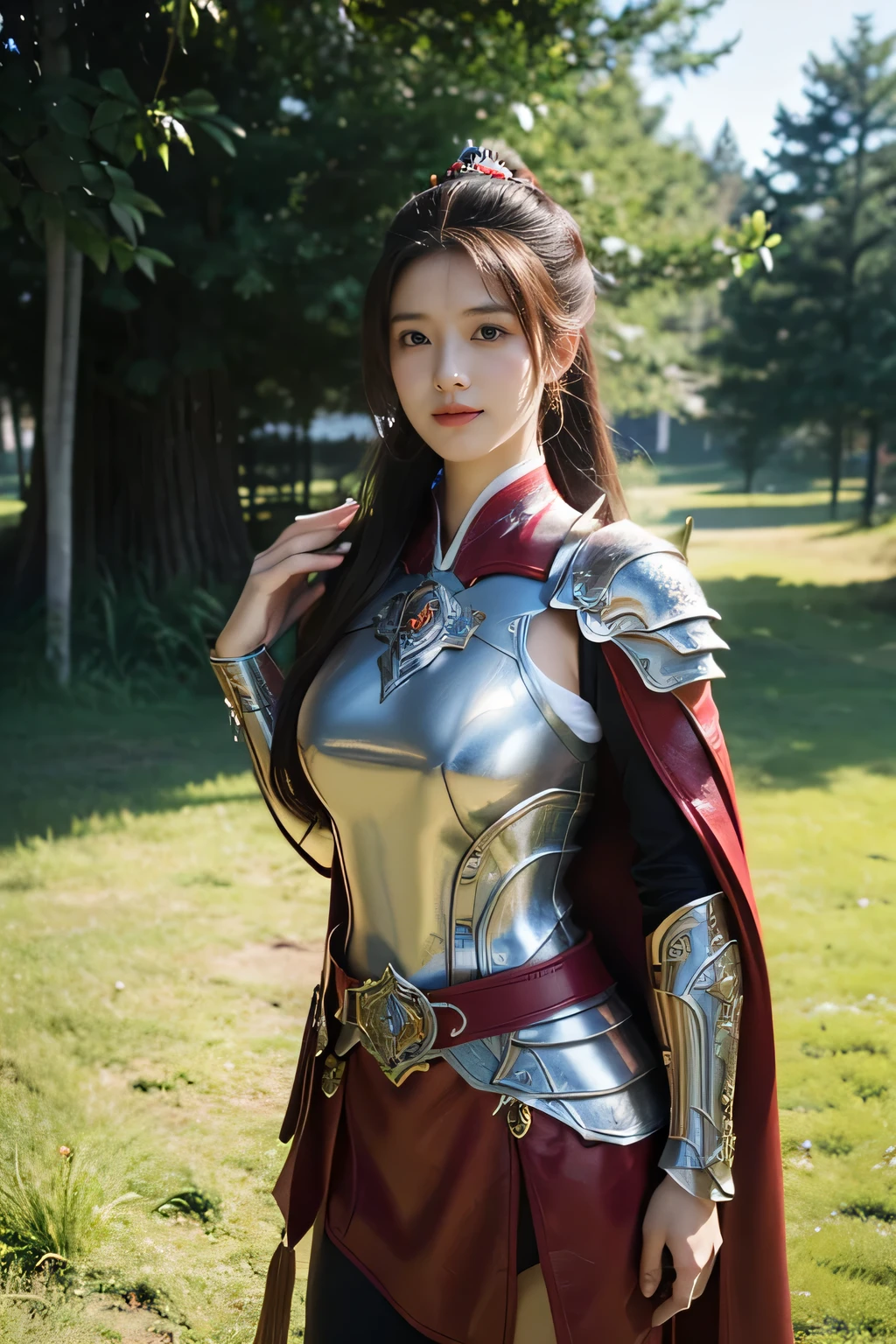 masterpiece,Best quality,A high resolution,8K,Original photo,real photo,Ancient city wall battlefield background,((field:1.8)),digital photography,(Female generals on the battlefield in the Han Dynasty),(((standing on the grass))),18-year-old girl,(long ponytail hairstyle),cparted lips,Full and erect breasts,Noble and charming,Elegant and serious,(Thick purple fish scale armor),Long red cape,The combination of white metal and red leather,Chest covered with gold armor,metallic luster,Leather buckle,Exquisite pattern,mysterious badge,Cool and gorgeouig breasts)),Chest groove,Three Kingdoms character painting style,Photo pose,oc render reflection texture,bright shades,stand in the sun,No shadows on the face,charming smile,Head-up shot,