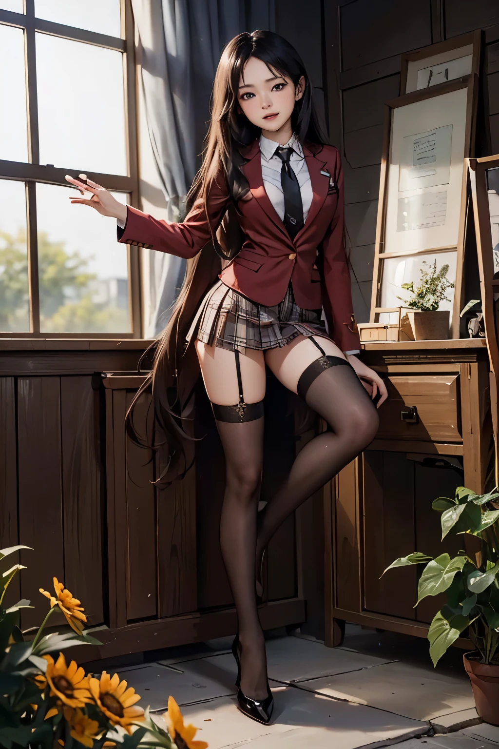 NSFW, ((Standing upright with one leg in front of the other)),(full body shot, full body view), ((cute and symmetrical face)),8k, masterpiece, RAW photo, best quality, photorealistic, extremely detailed CG unity 8k wallpaper,(biologically correct form),(masterpiece:1.2, top-quality), (realistic, photorealistic:1.4), beautiful illustration, (natural side lighting, movie lighting), looking at viewer, ((focus on face)), 1 girl,japanese, 25 years old, perfect face, perfect body, shiny skin, beautiful hair, beautiful face, beautiful eyes, beautiful detailed eyes, beautiful body, beautiful chest, beautiful arms、beautiful thigh, ((beautiful long thin legss)), (small butt),blush, (Matching Stiletto heels left and right and same color anklets), (biologically correct form), (lovely smile), (((dark red blazer, close clothes), white collared shirt, black plaid pleated miniskirt, dark red tie), (black garter stockings))、Sexy 、((Back shot)),Panty shot、The background is a flowerbed with sunflowers.